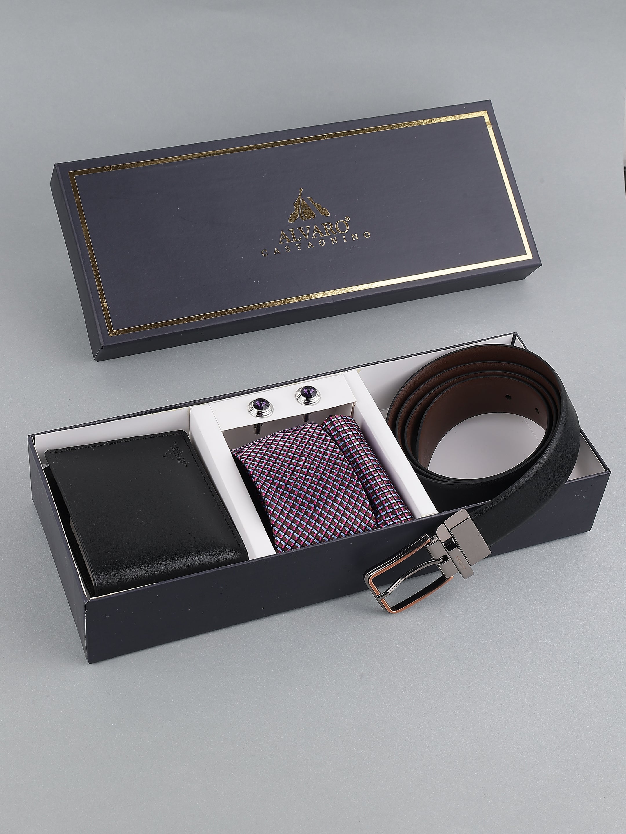 Purple Geometric Tie with Black Belt & Wallet Gift Set