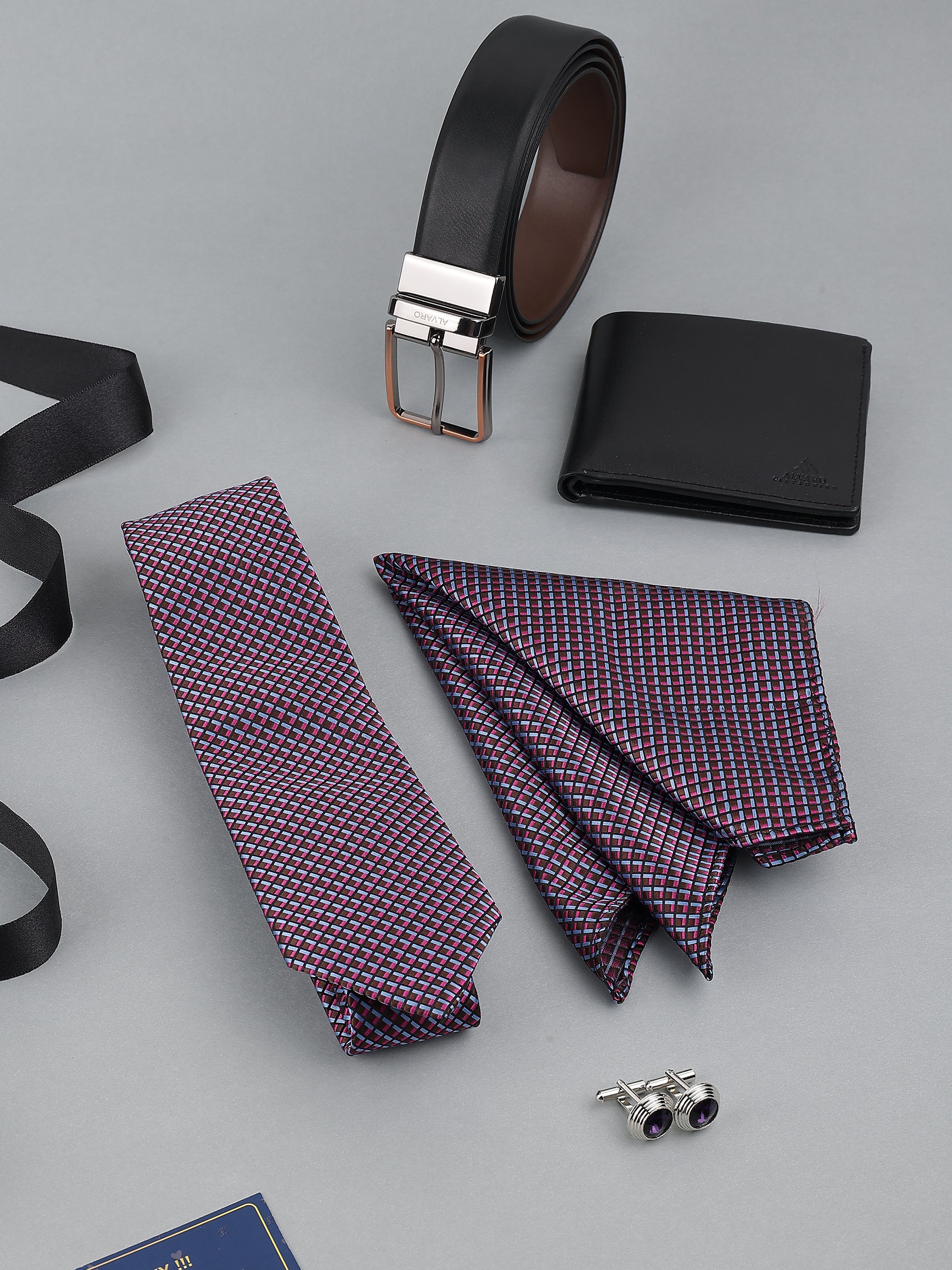 Purple Geometric Tie with Black Belt & Wallet Gift Set