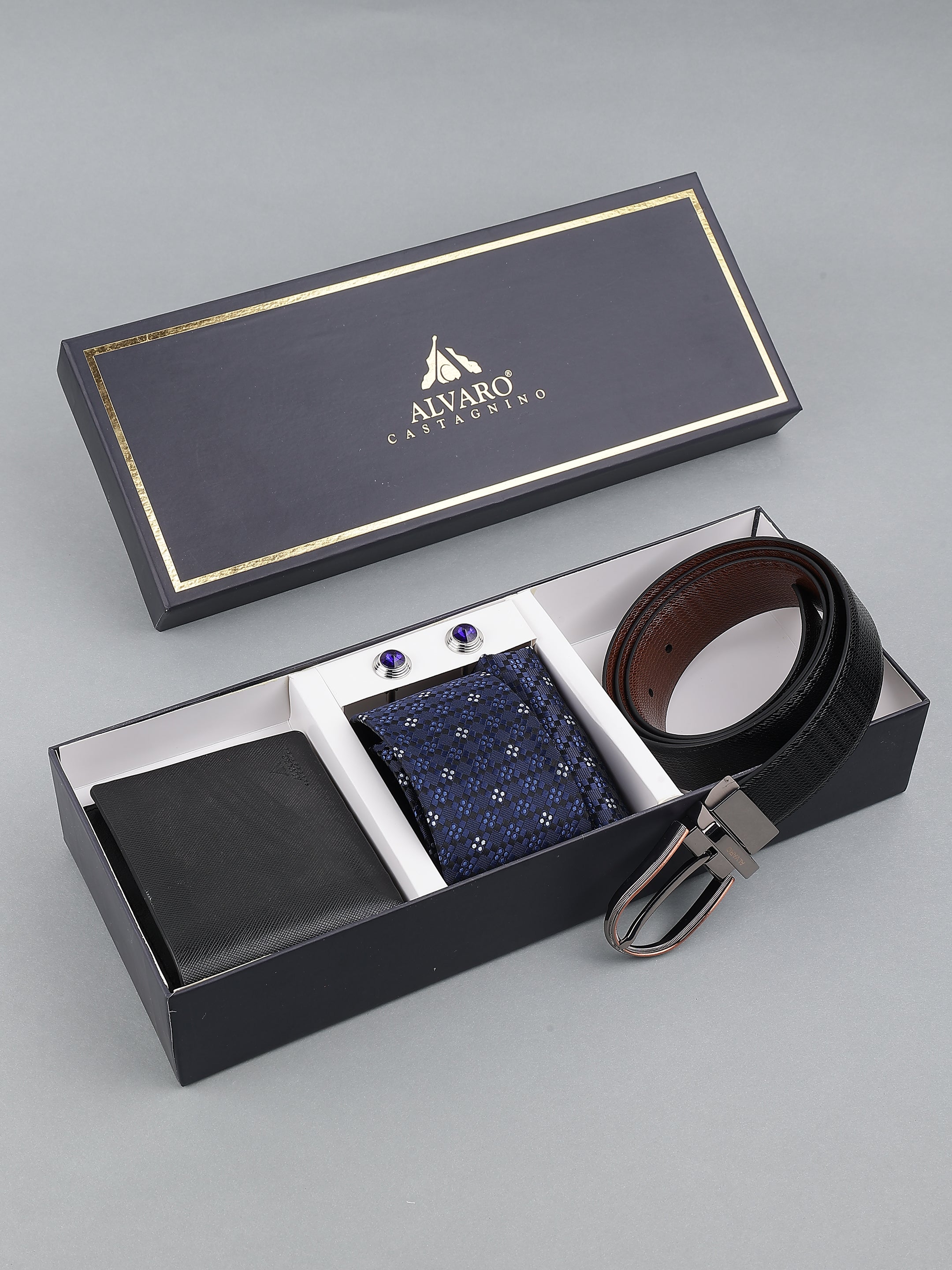 Navy Blue Necktie with Leather Belt & Wallet Gift Set