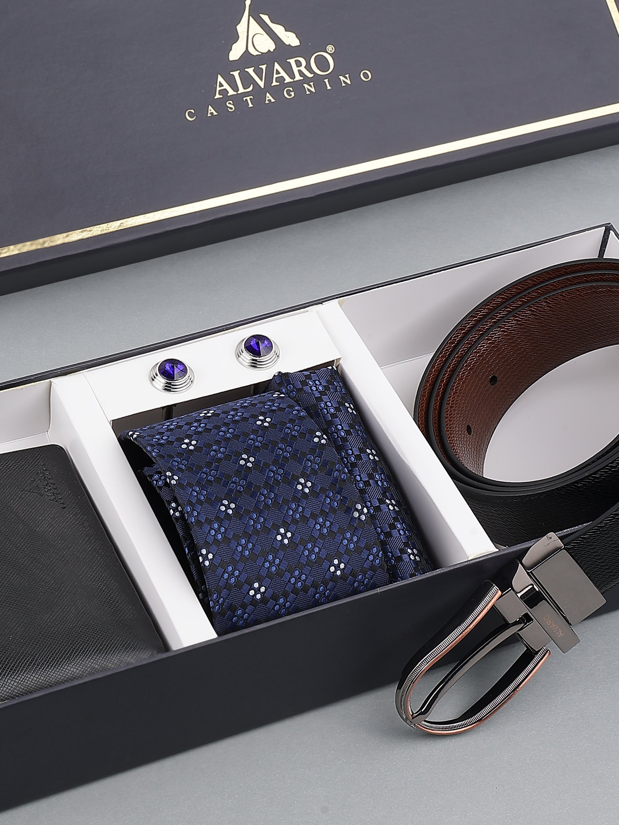 Navy Blue Necktie with Leather Belt & Wallet Gift Set