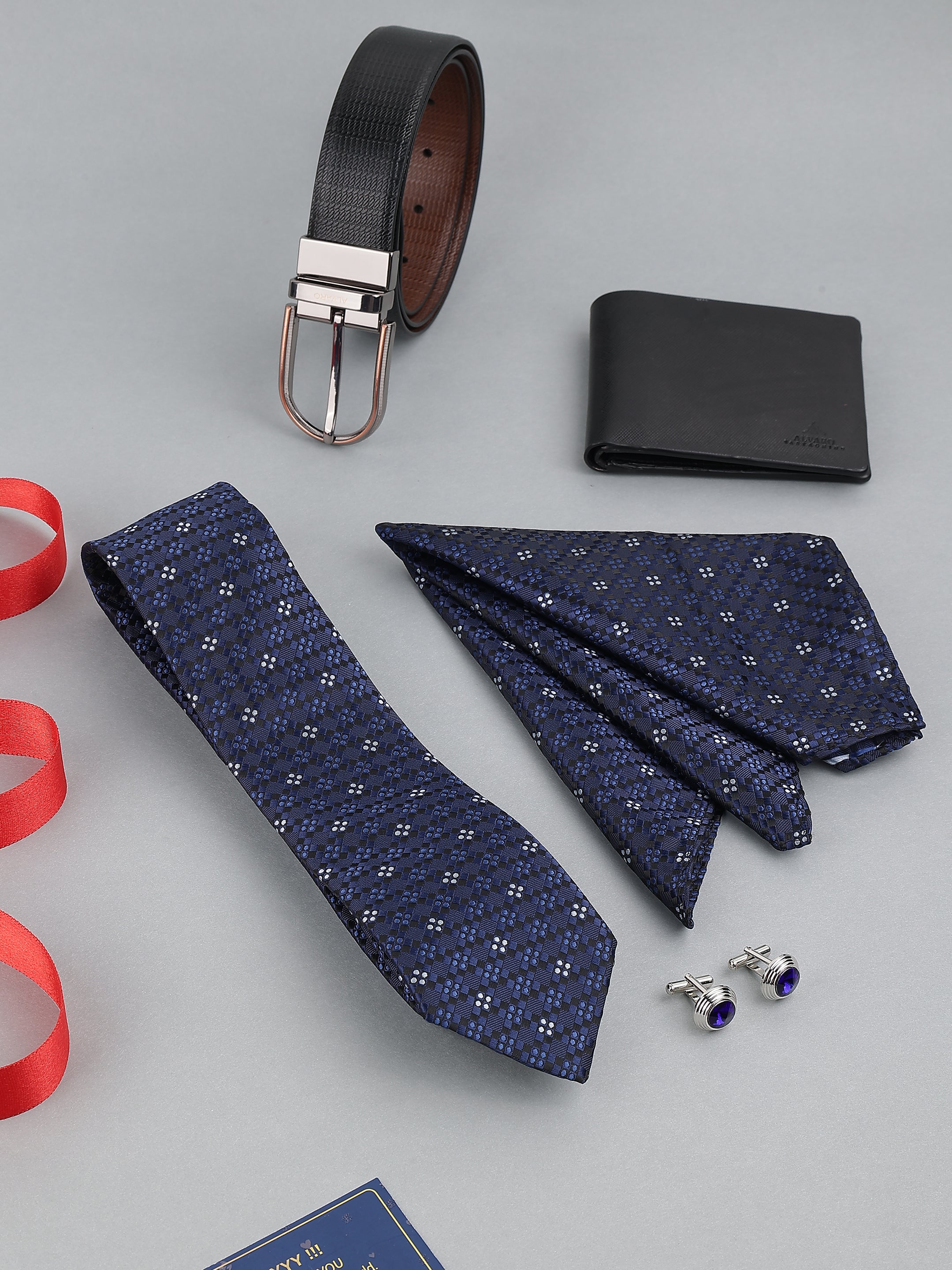 Navy Blue Necktie with Leather Belt & Wallet Gift Set