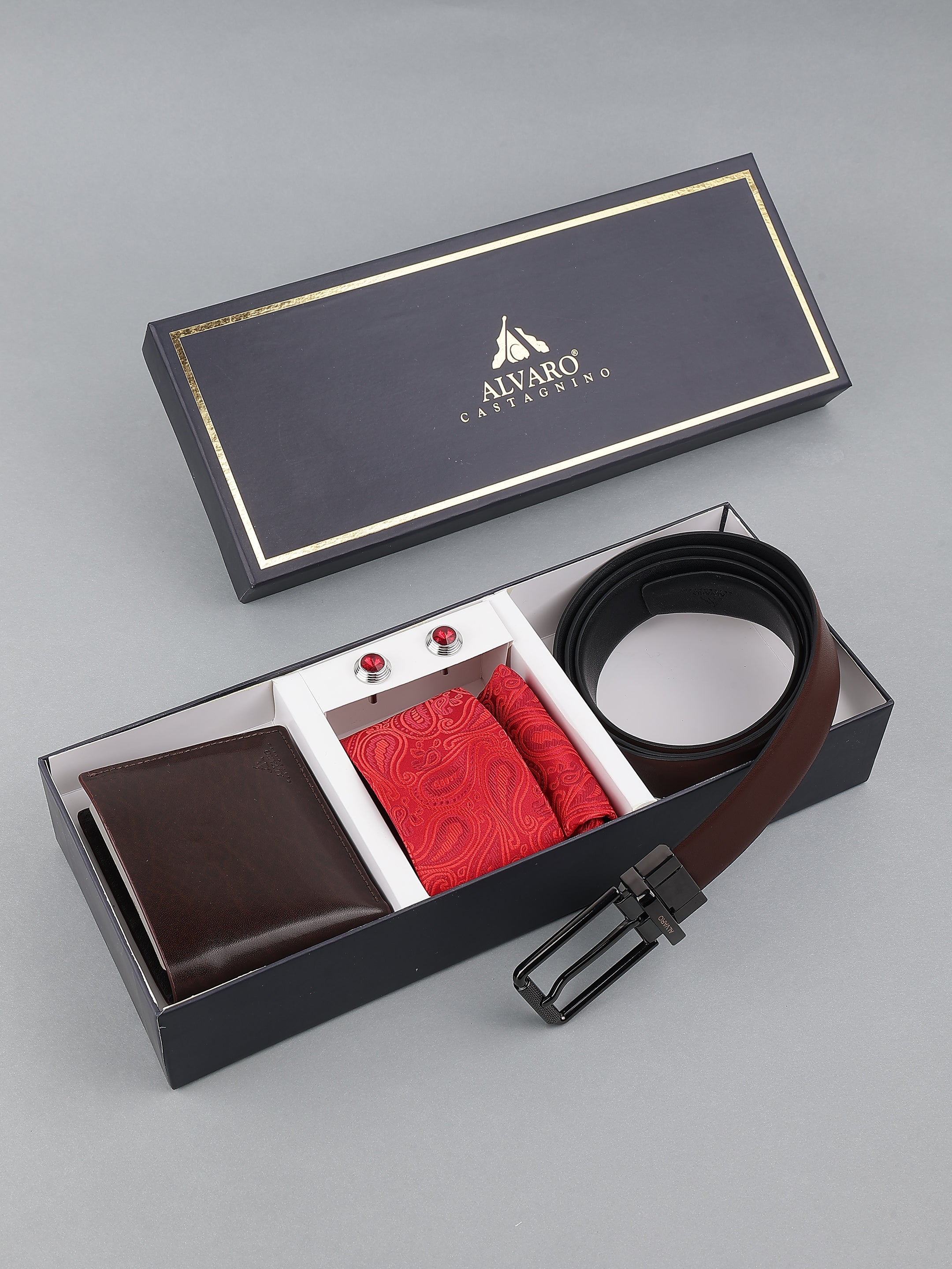 Red Paisley Necktie with Leather Belt & Wallet Gift Set