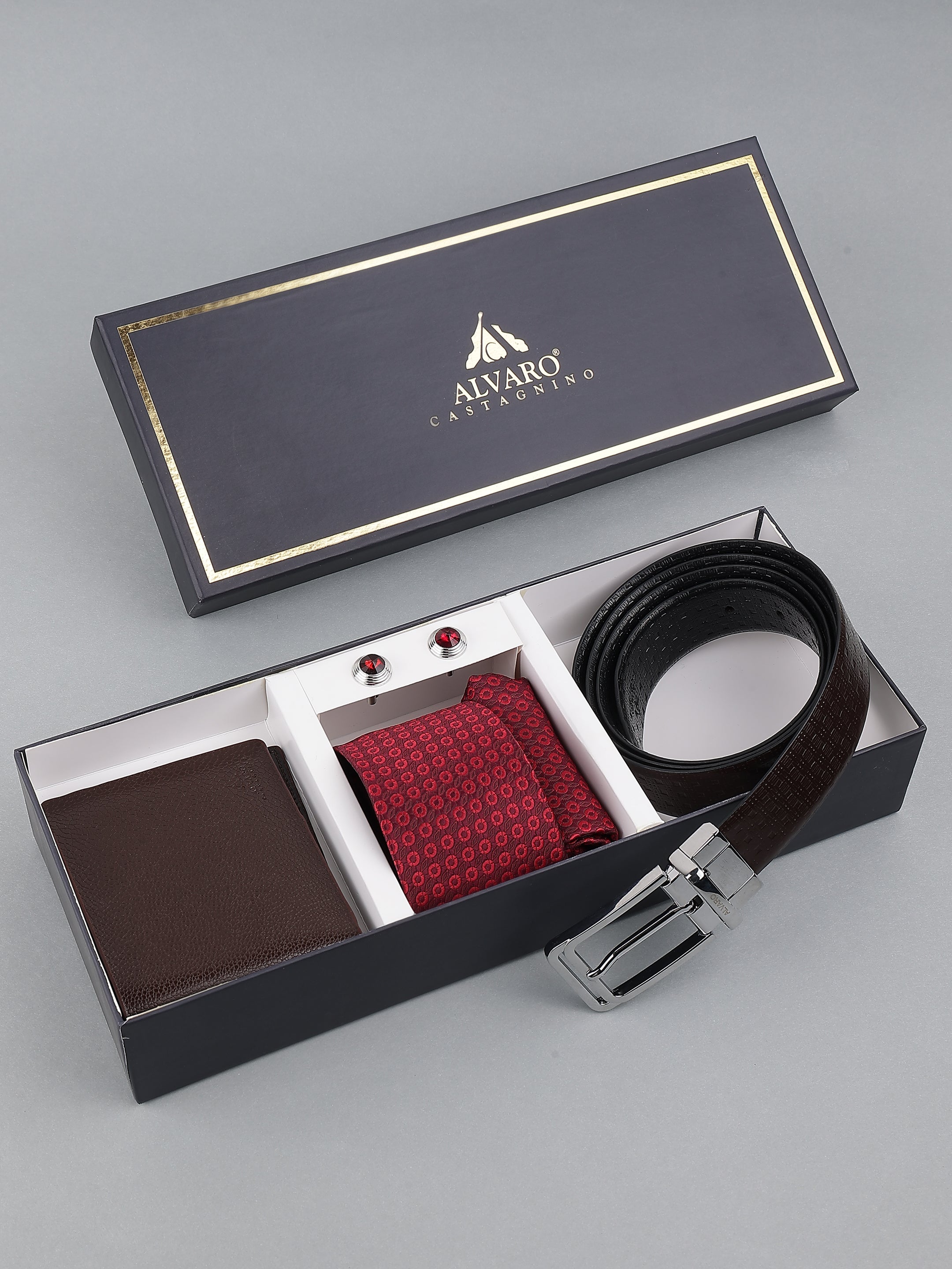 Maroon Diamond-Pattern Tie with Leather Belt & Wallet Gift Set