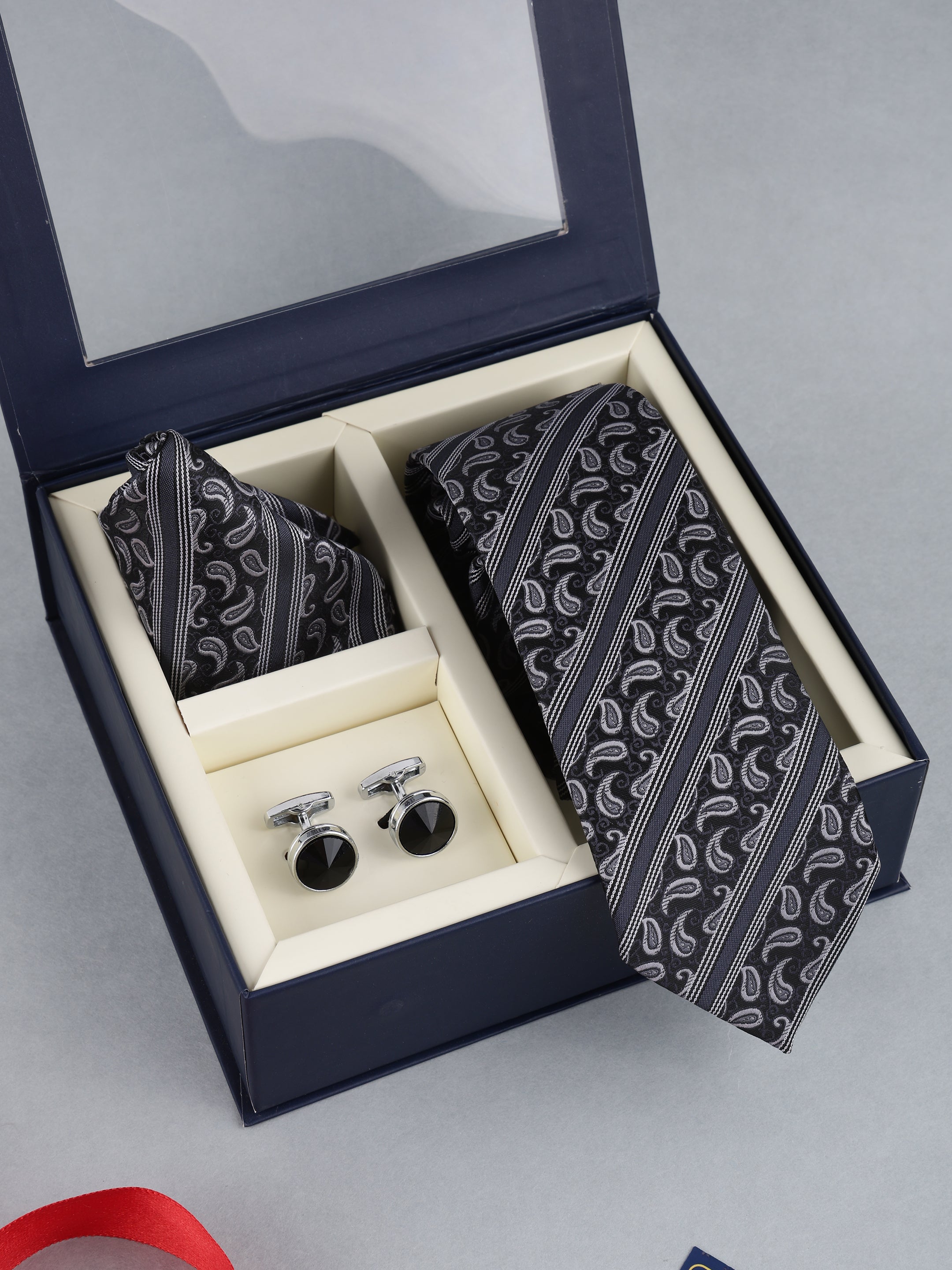 Black & Grey Striped Paisley Necktie Gift Set