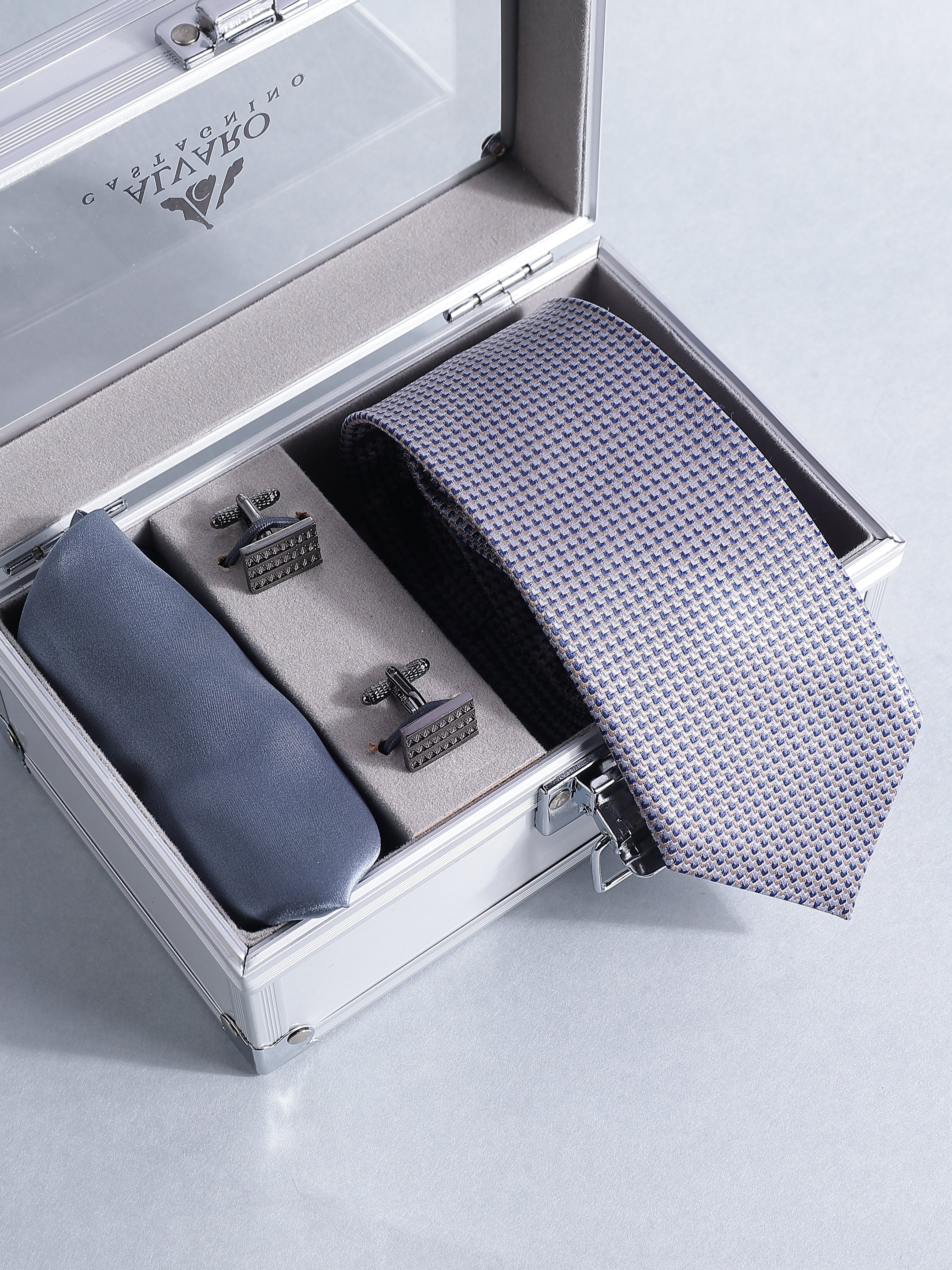 Grey Silk Micro-Pattern Tie Pocket Square & Cufflink Set