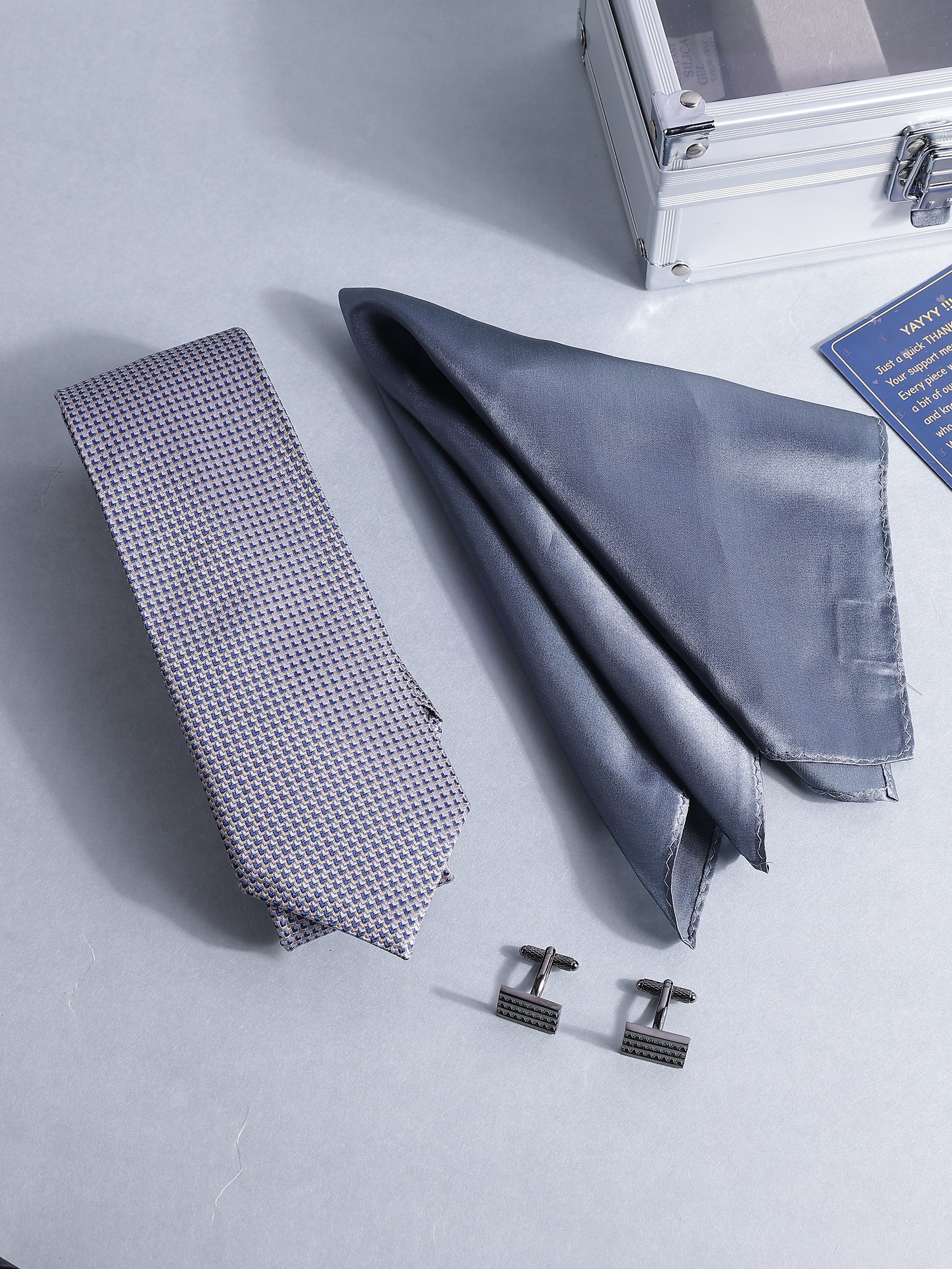 Grey Silk Micro-Pattern Tie Pocket Square & Cufflink Set