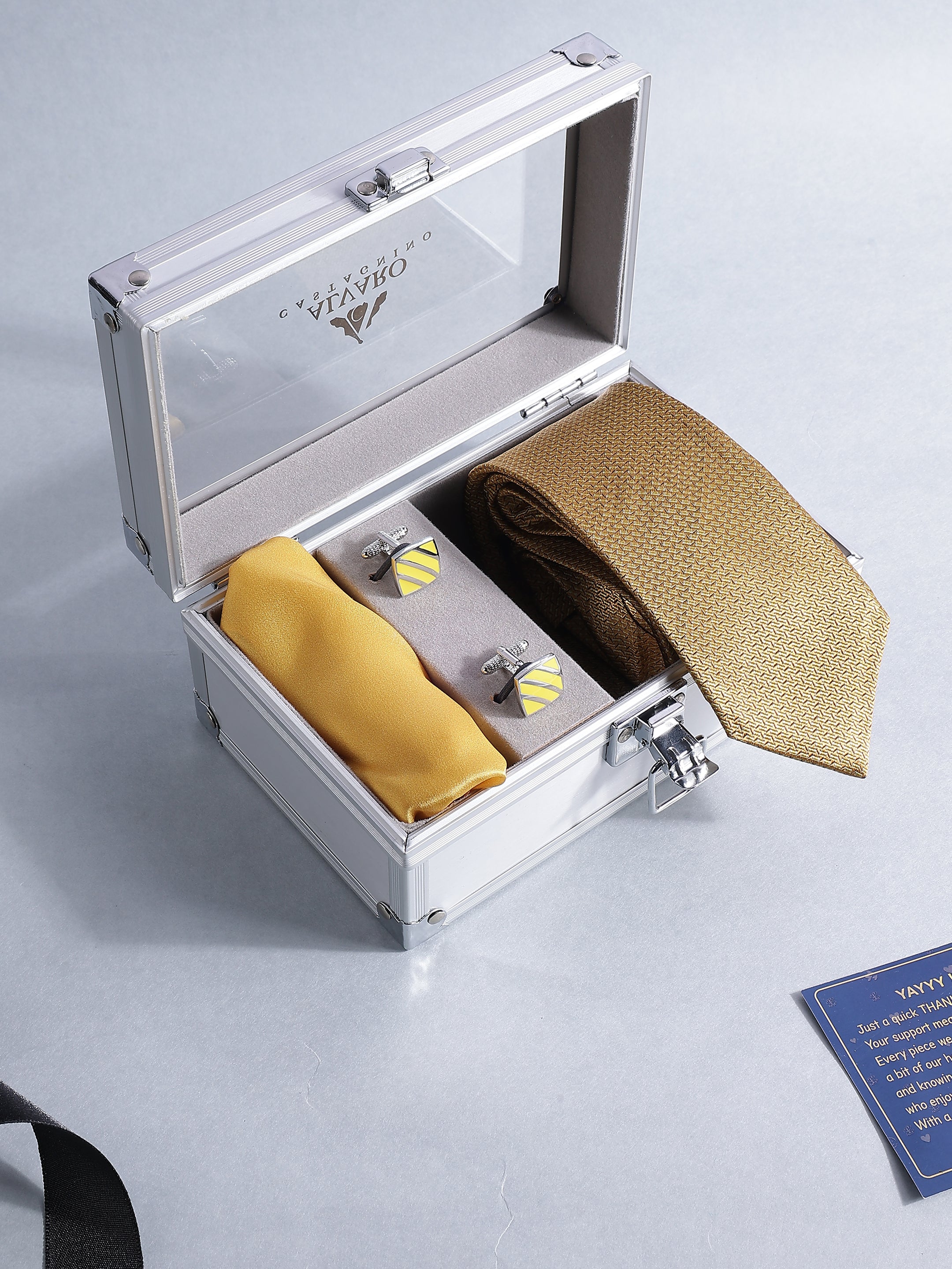 Mustard Silk Micro-Pattern Tie, Pocket Square & Cufflink Set