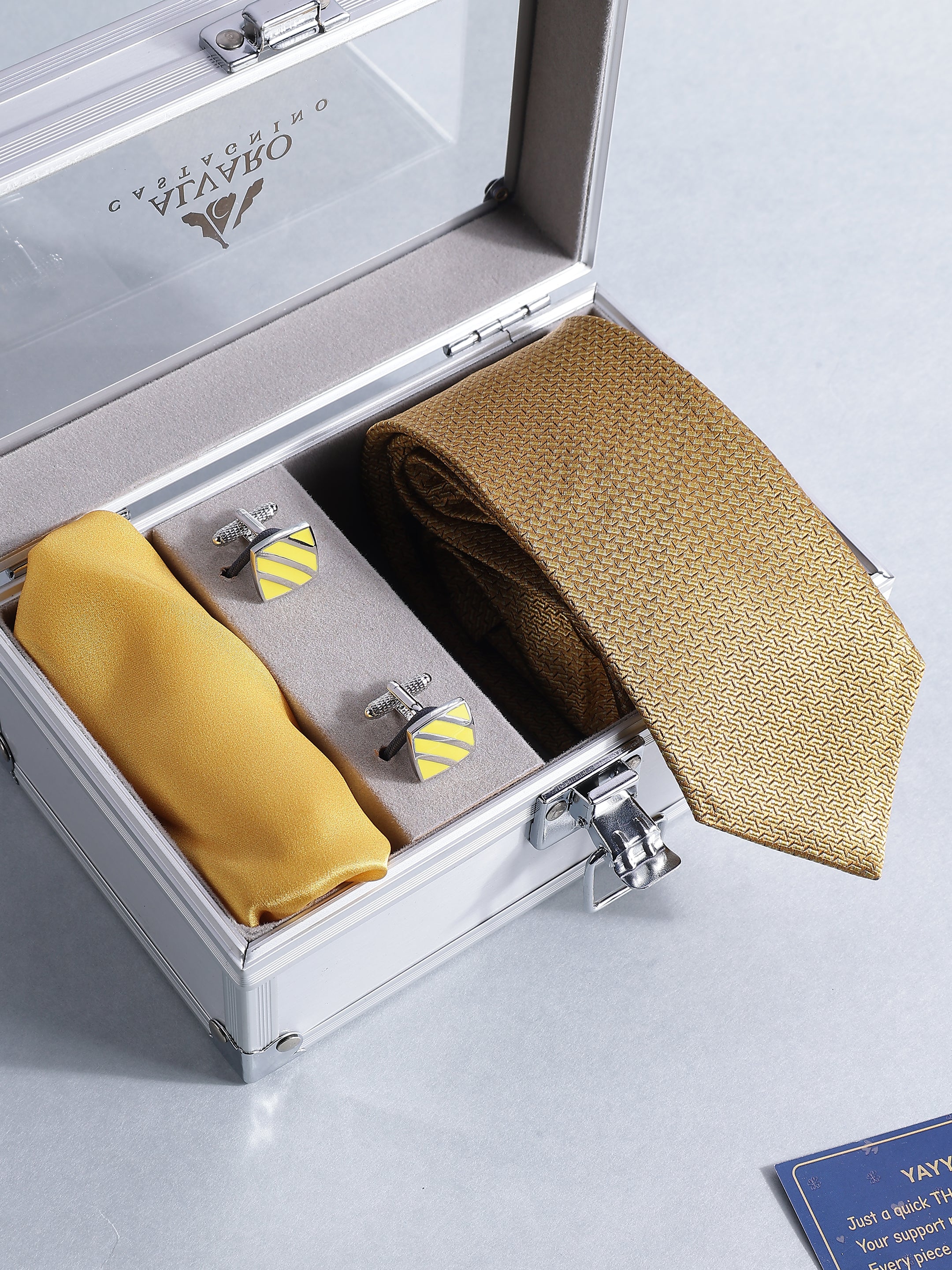 Mustard Silk Micro-Pattern Tie, Pocket Square & Cufflink Set