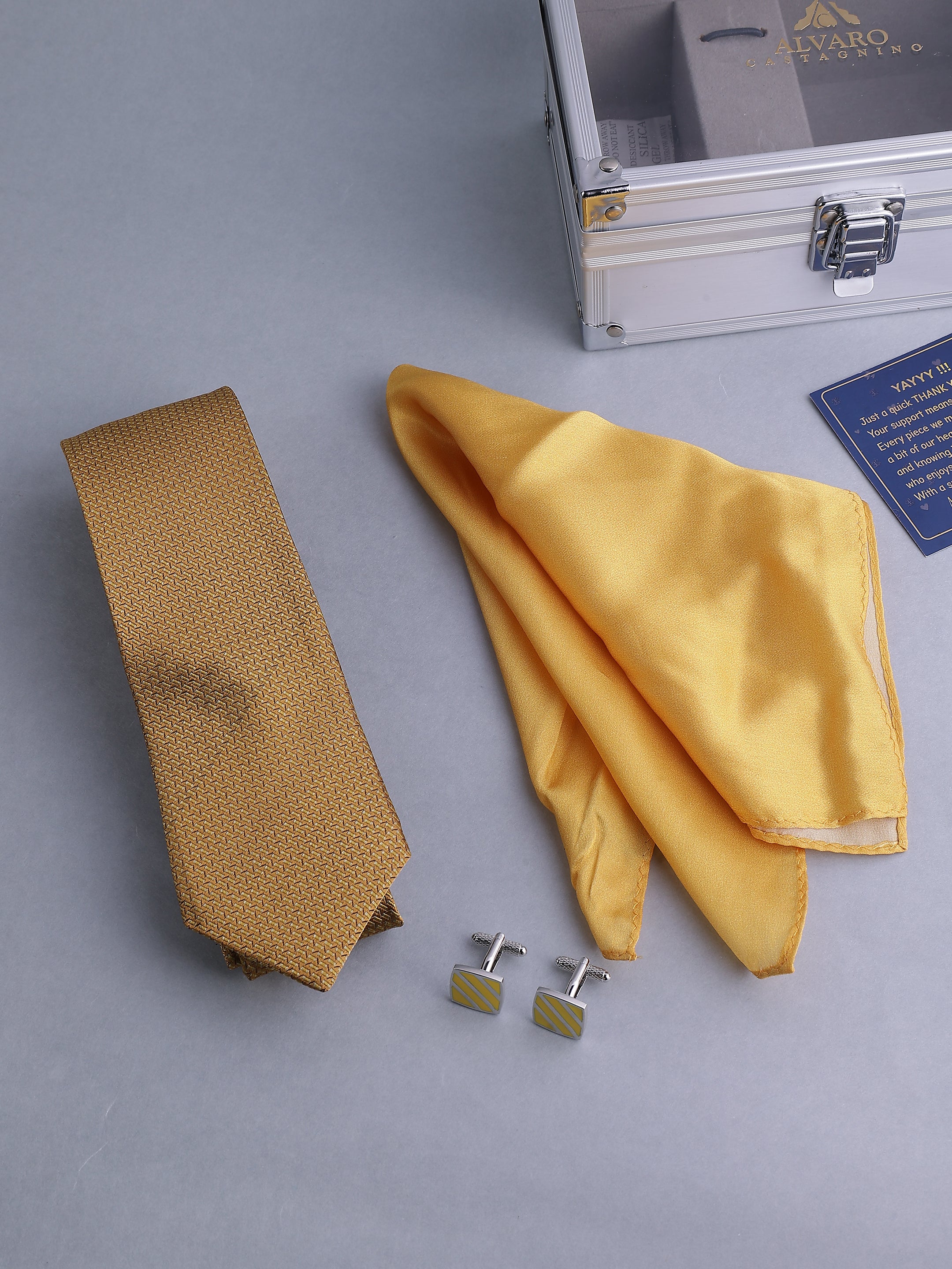 Mustard Silk Micro-Pattern Tie, Pocket Square & Cufflink Set