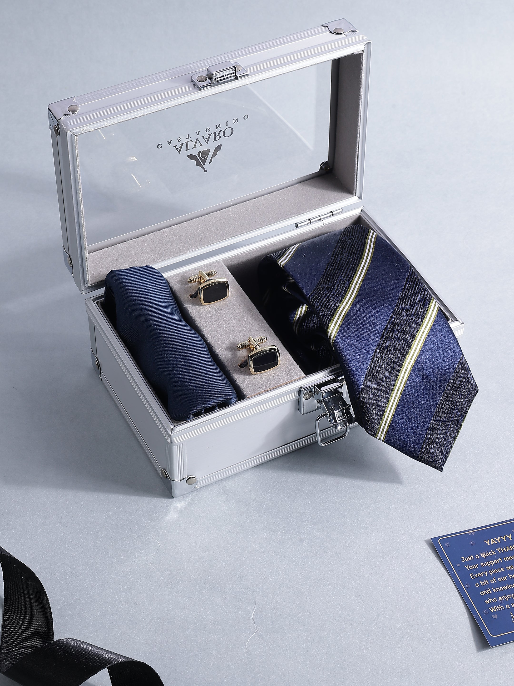 Navy Striped Silk Tie, Pocket Square & Cufflink Set