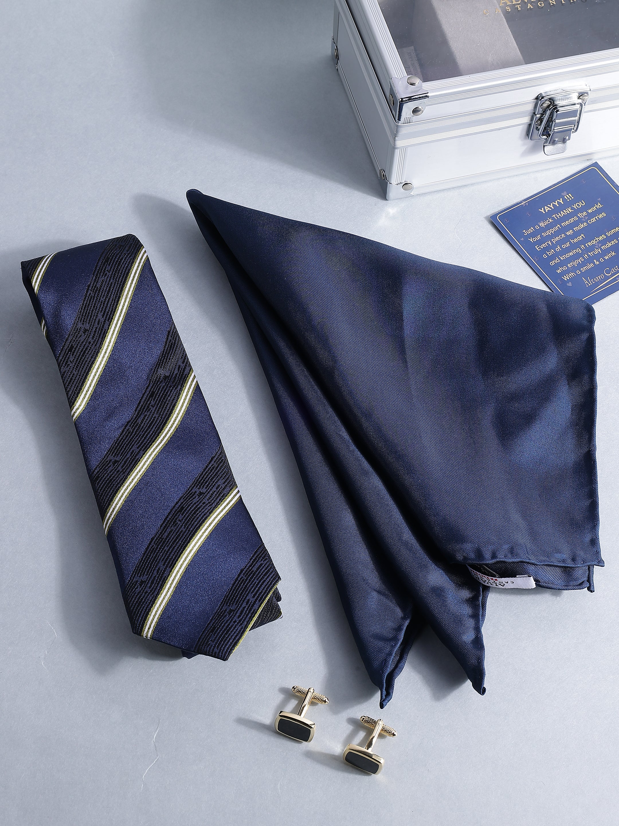 Navy Striped Silk Tie, Pocket Square & Cufflink Set