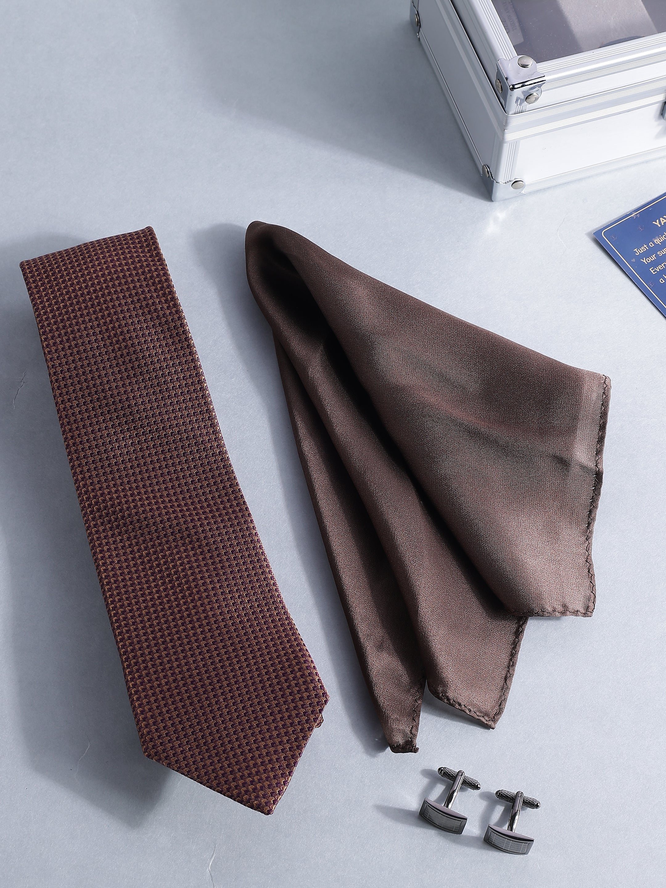 Chocolate Brown Micro-Pattern Tie, Pocket Square & Cufflink Set