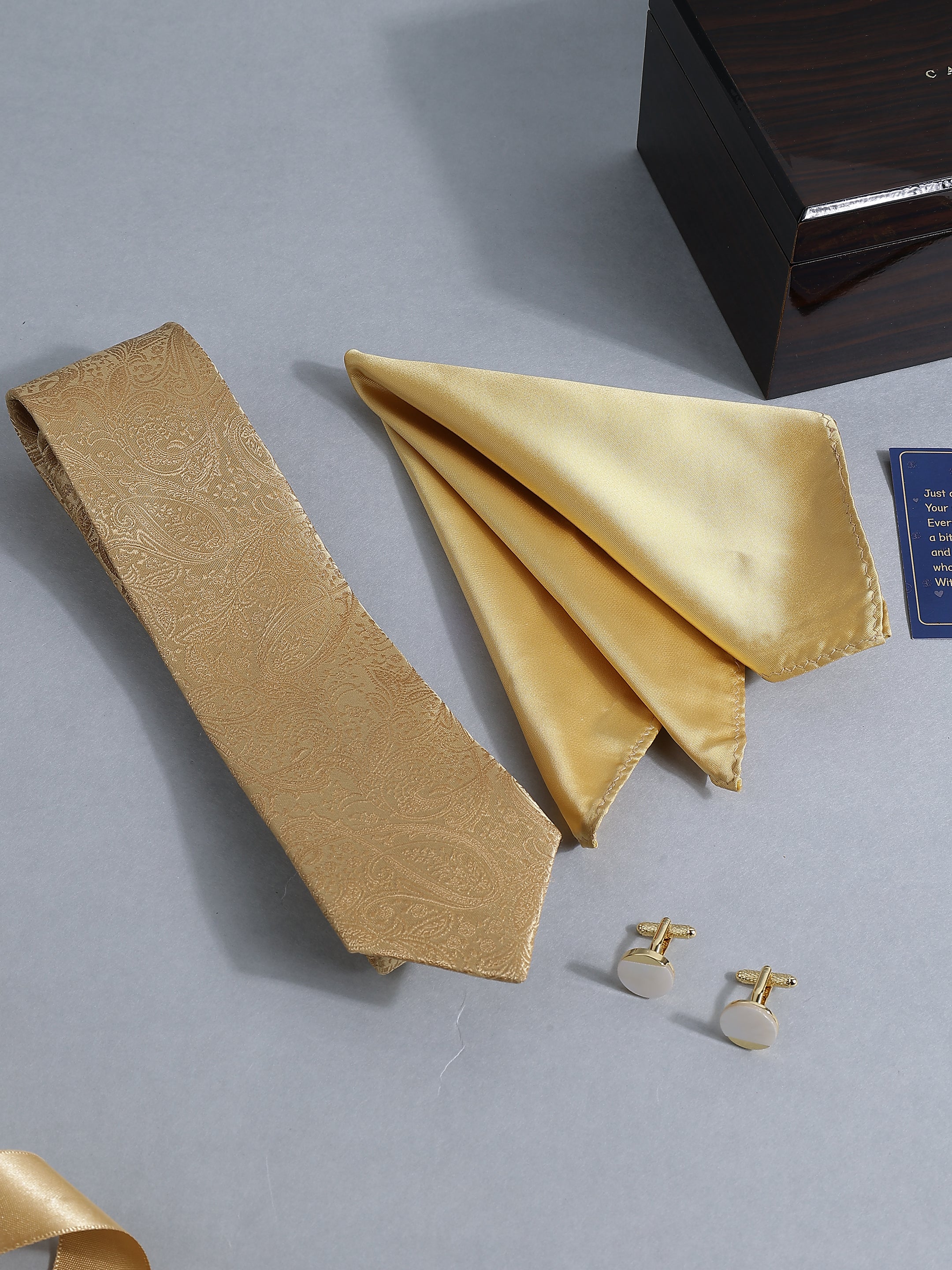 Gold Paisley Tie, Pocket Square & Mother of Pearl Cufflink Set