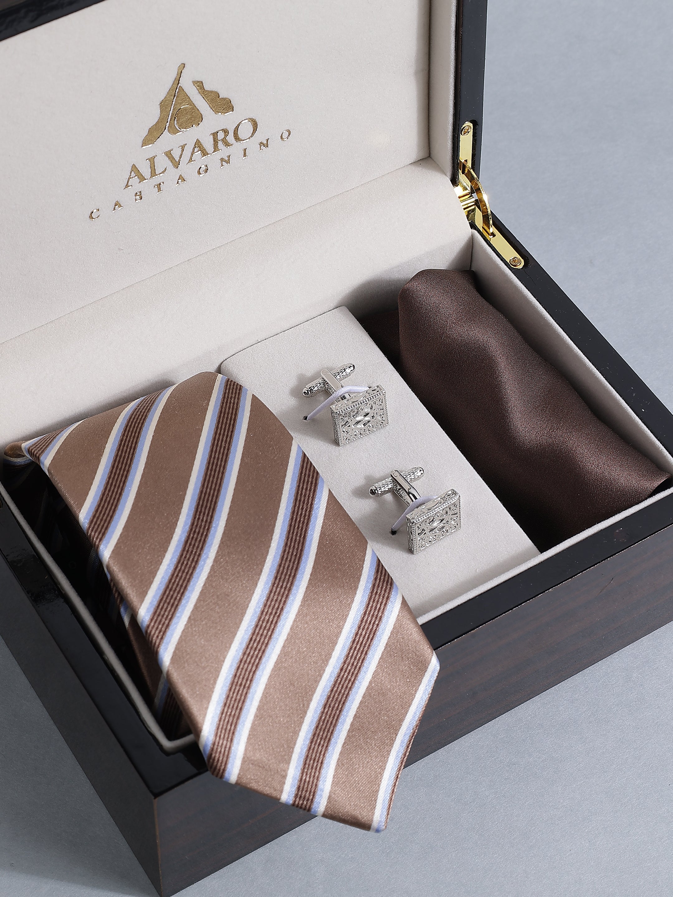 Bronze Striped Tie, Chocolate Pocket Square & Filigree Cufflink Set