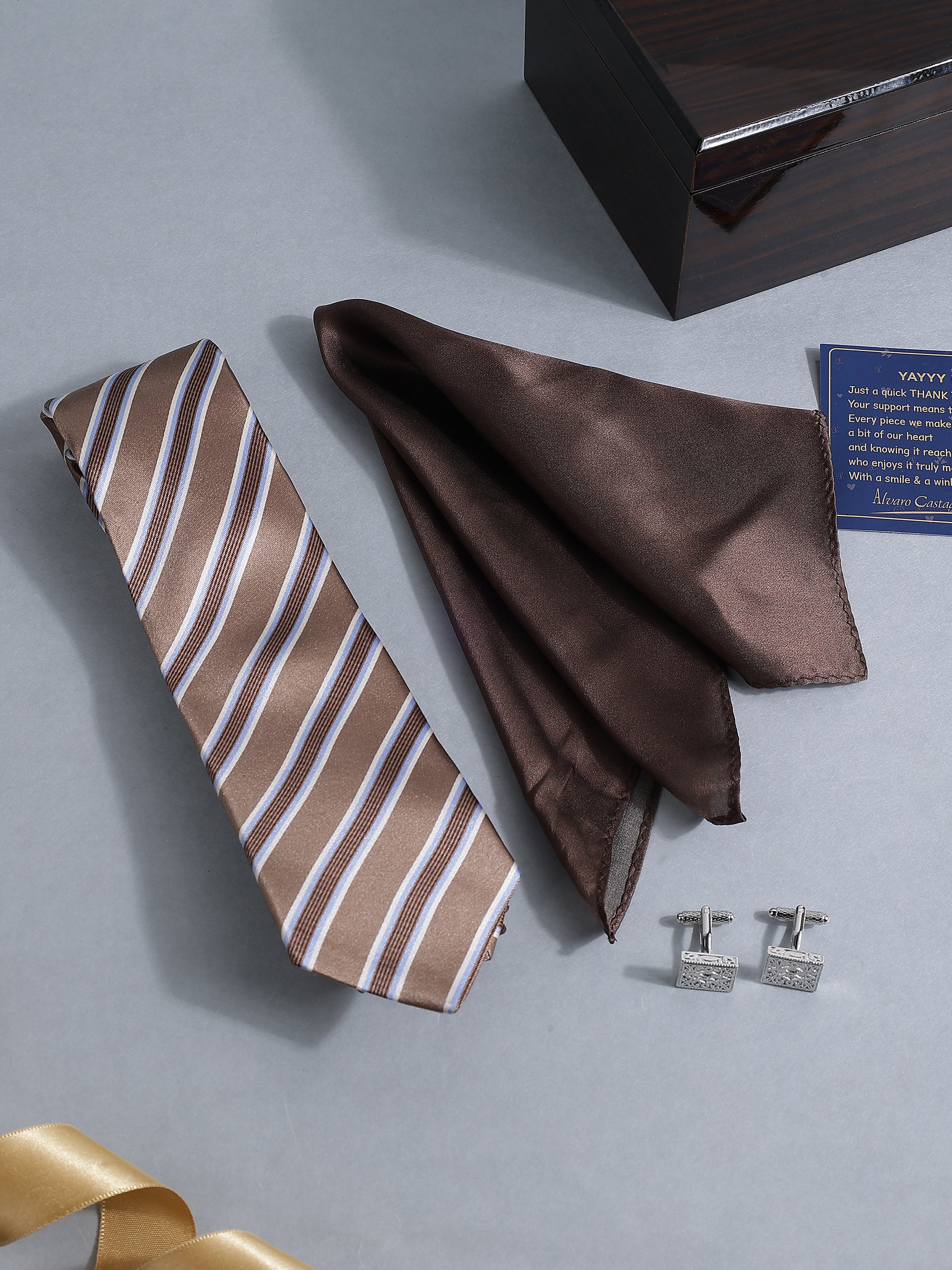 Bronze Striped Tie, Chocolate Pocket Square & Filigree Cufflink Set