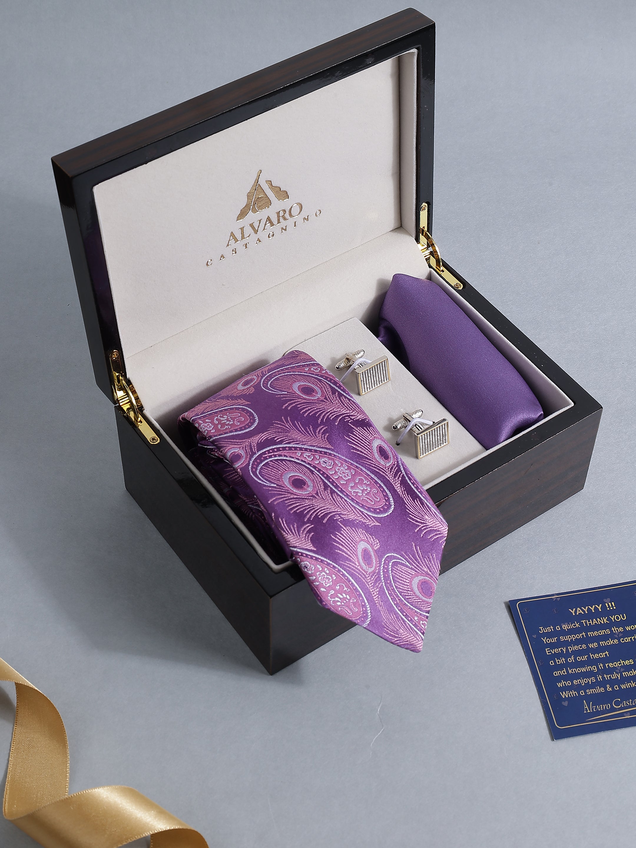 Purple Peacock Paisley Tie, Pocket Square & Cufflink Set