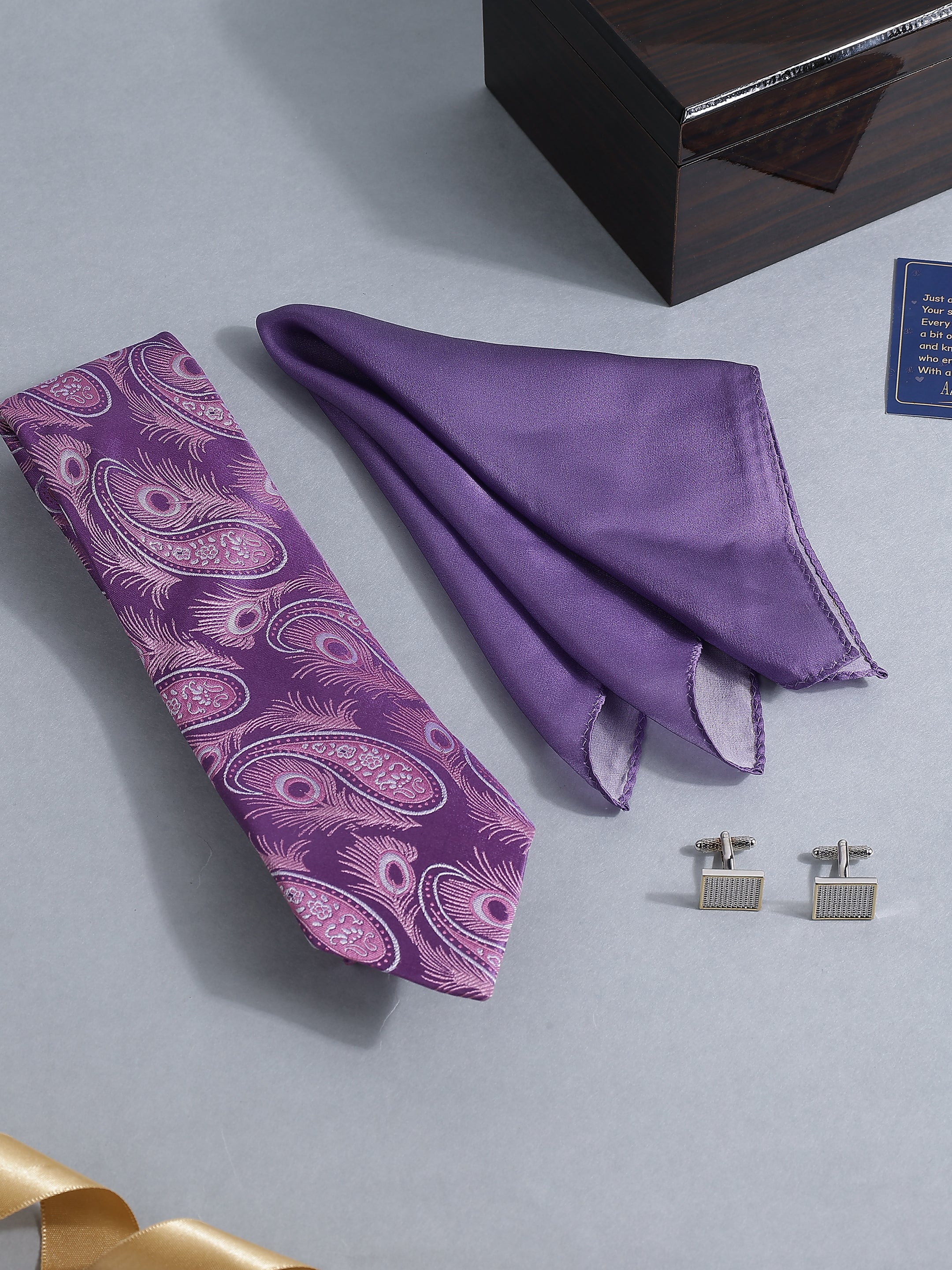 Purple Peacock Paisley Tie, Pocket Square & Cufflink Set