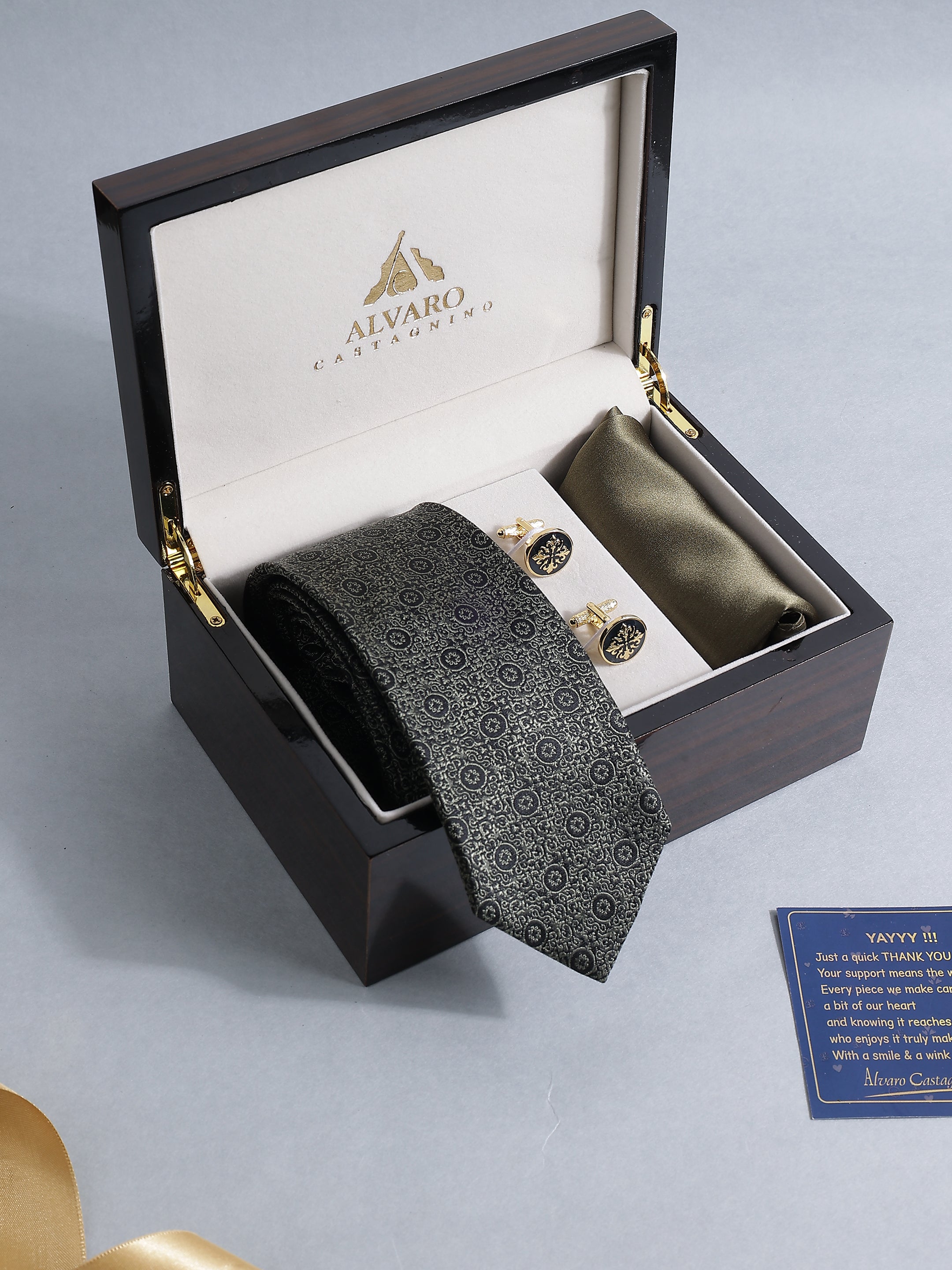 Olive Silk Medallion Tie, Pocket Square & Gold-Tone Cufflink Set