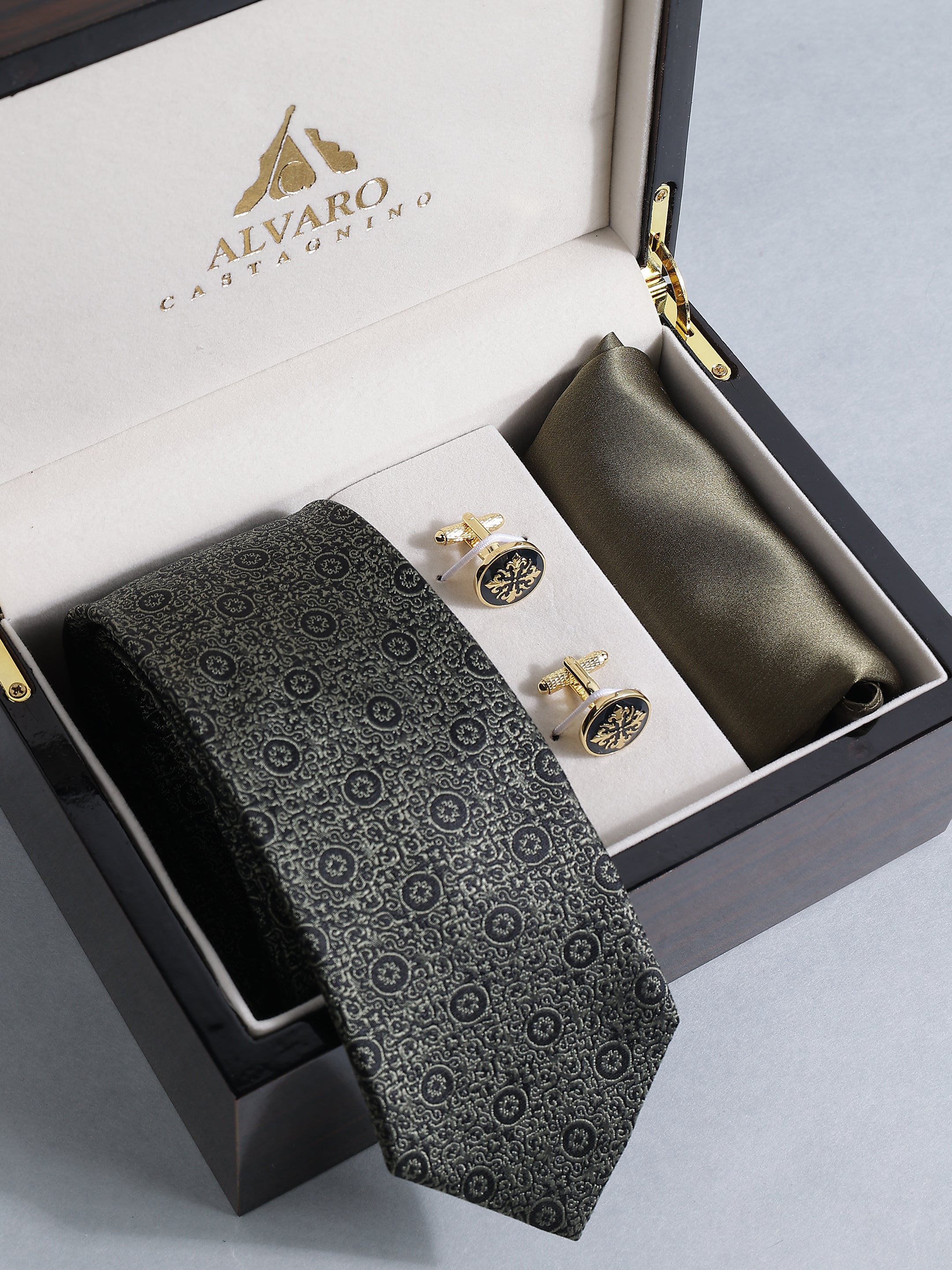 Olive Silk Medallion Tie, Pocket Square & Gold-Tone Cufflink Set