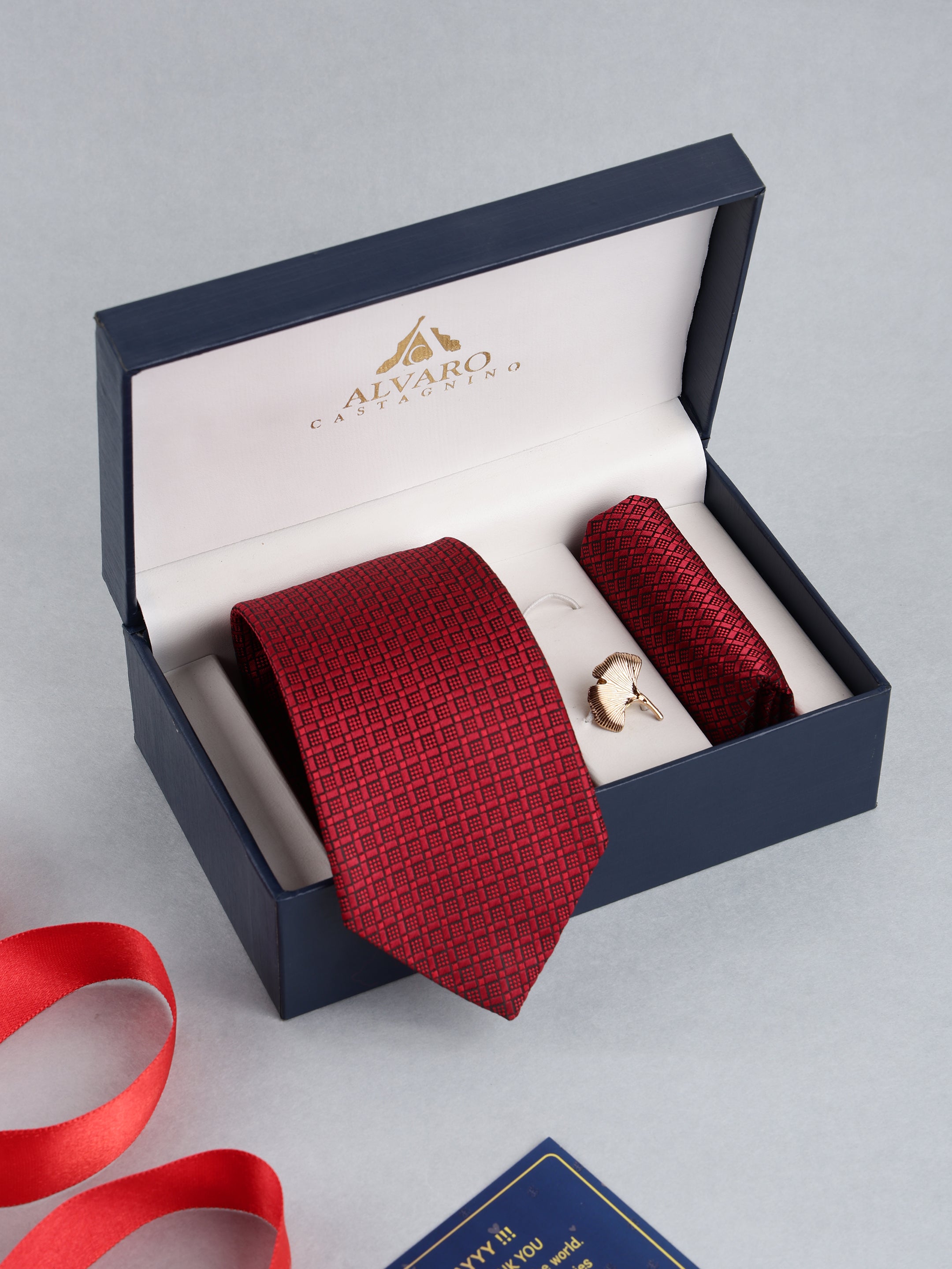Maroon Micro-Check Necktie with Lapel Pin Gift Set