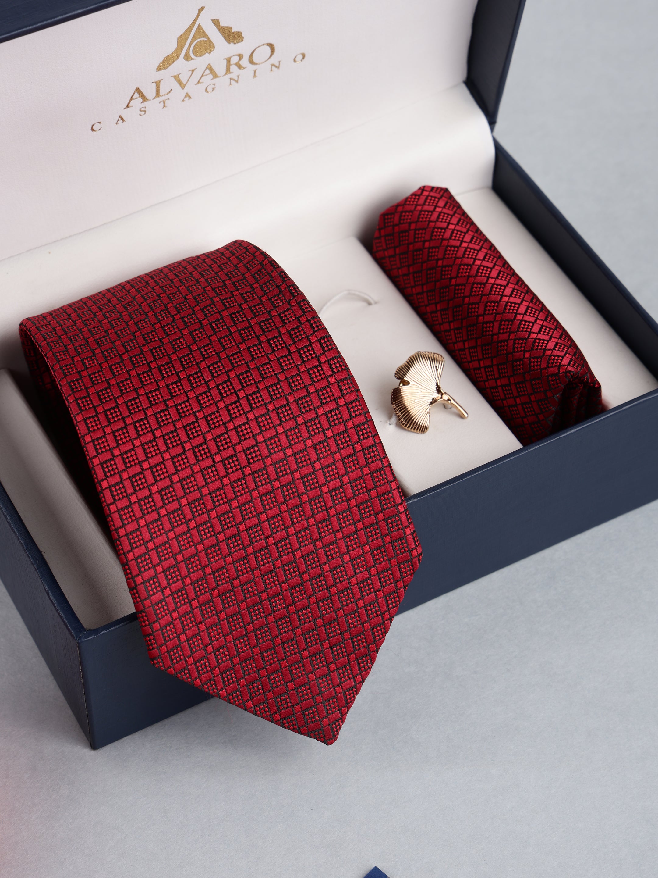 Maroon Micro-Check Necktie with Lapel Pin Gift Set