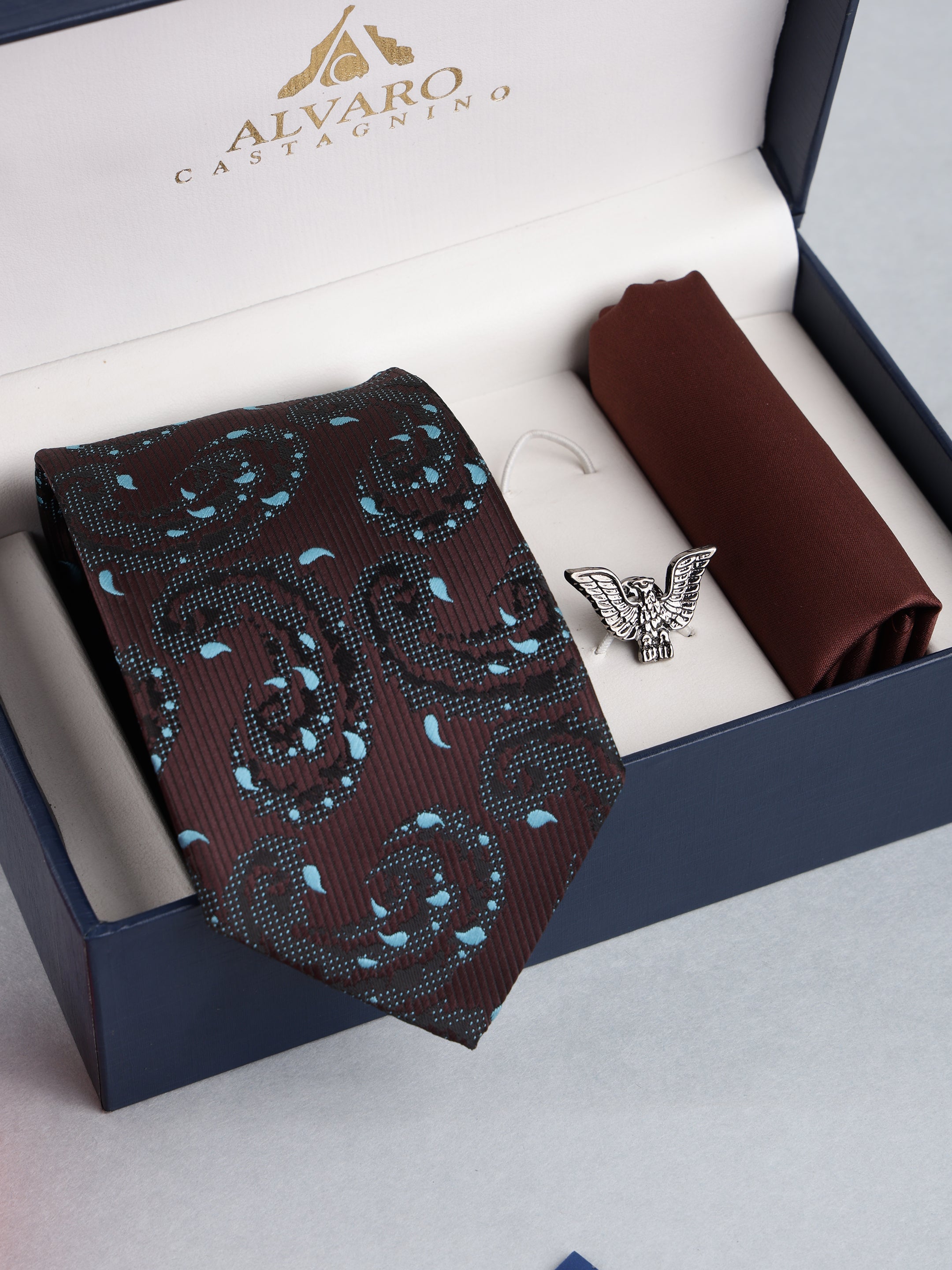 Brown Paisley Necktie with Lapel Pin Gift Set