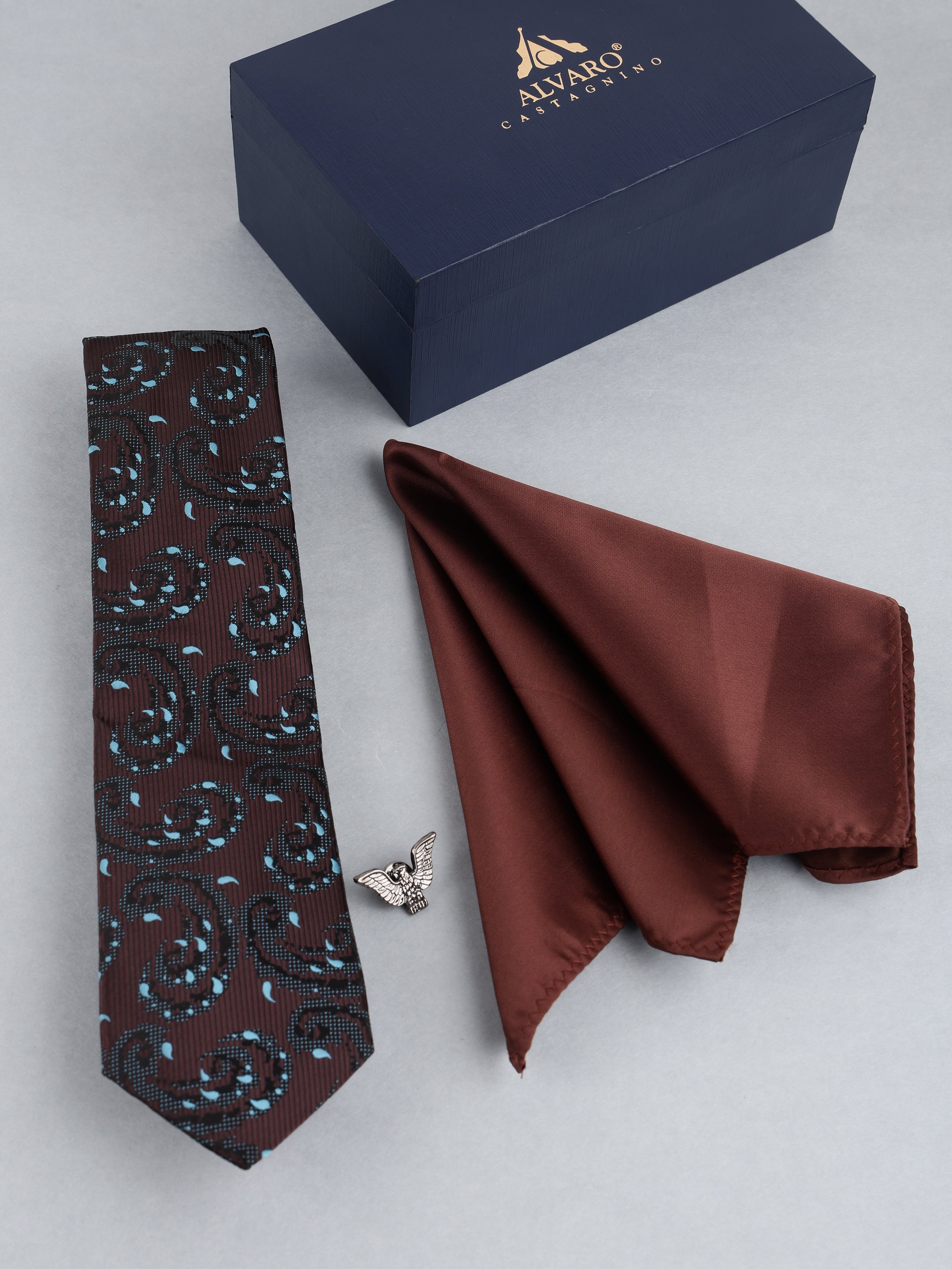 Brown Paisley Necktie with Lapel Pin Gift Set