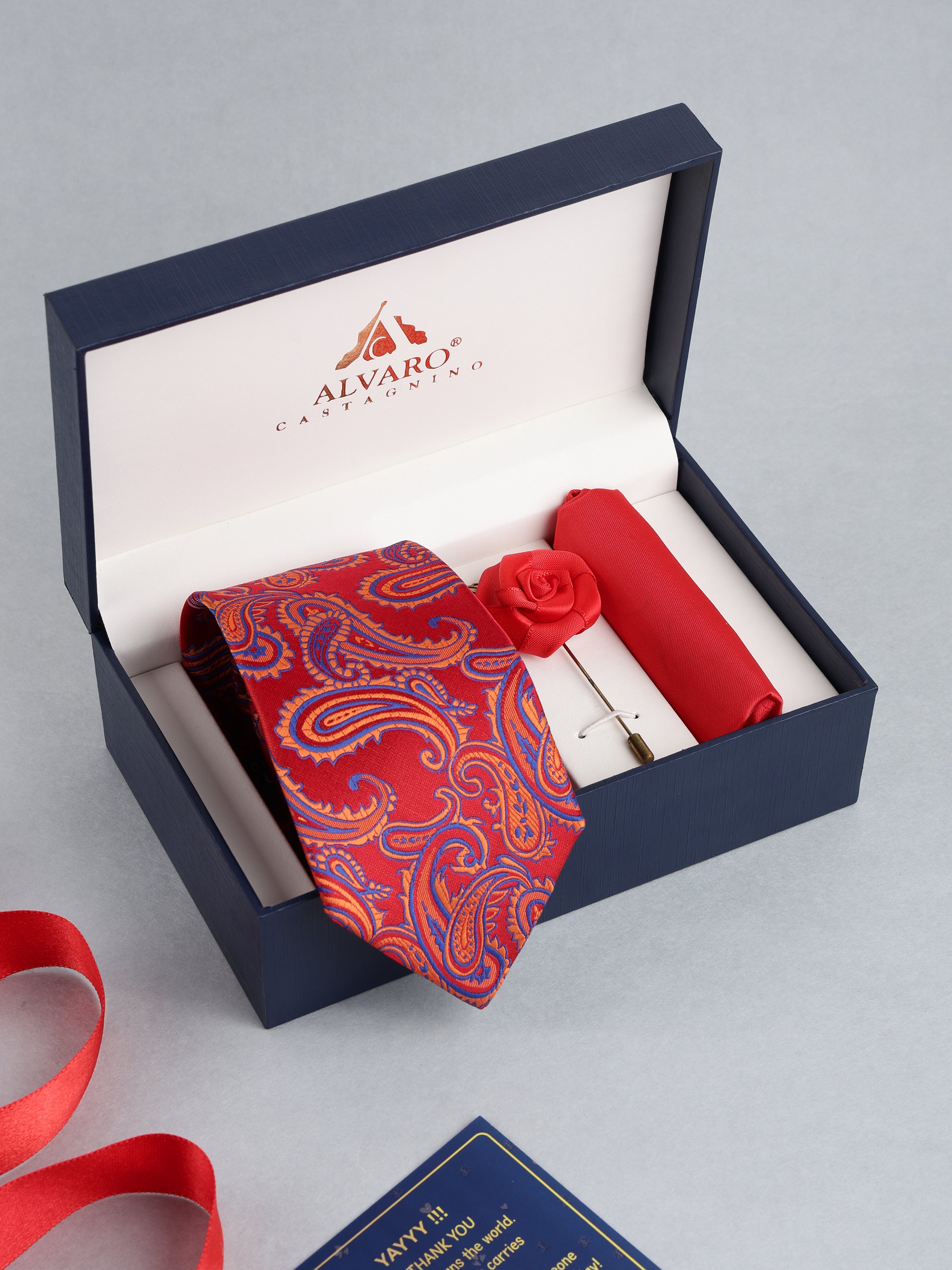Red Paisley Necktie with Lapel Pin Gift Set