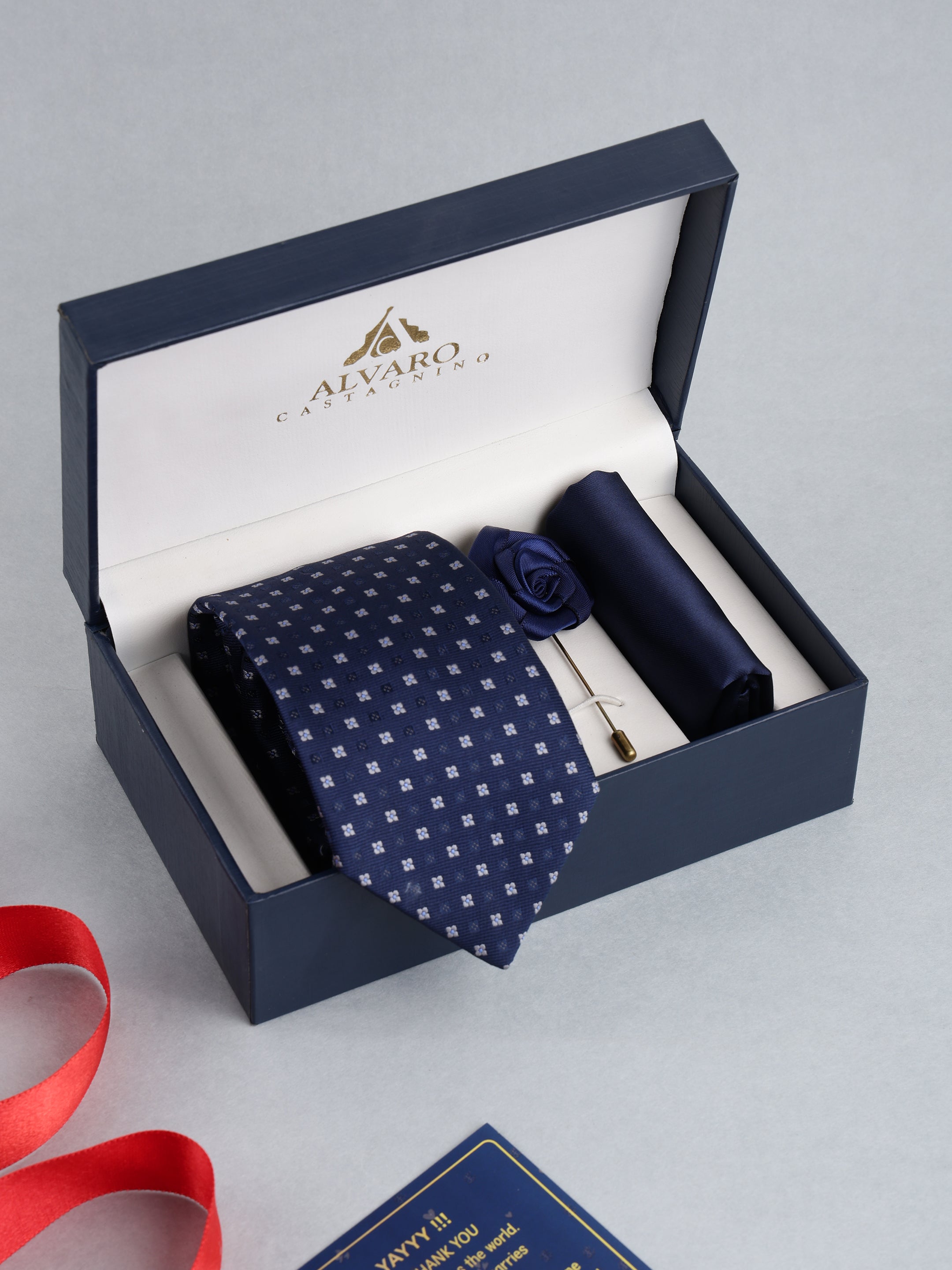 Navy Blue Floral Micro-Dot Necktie with Lapel Pin Gift Set