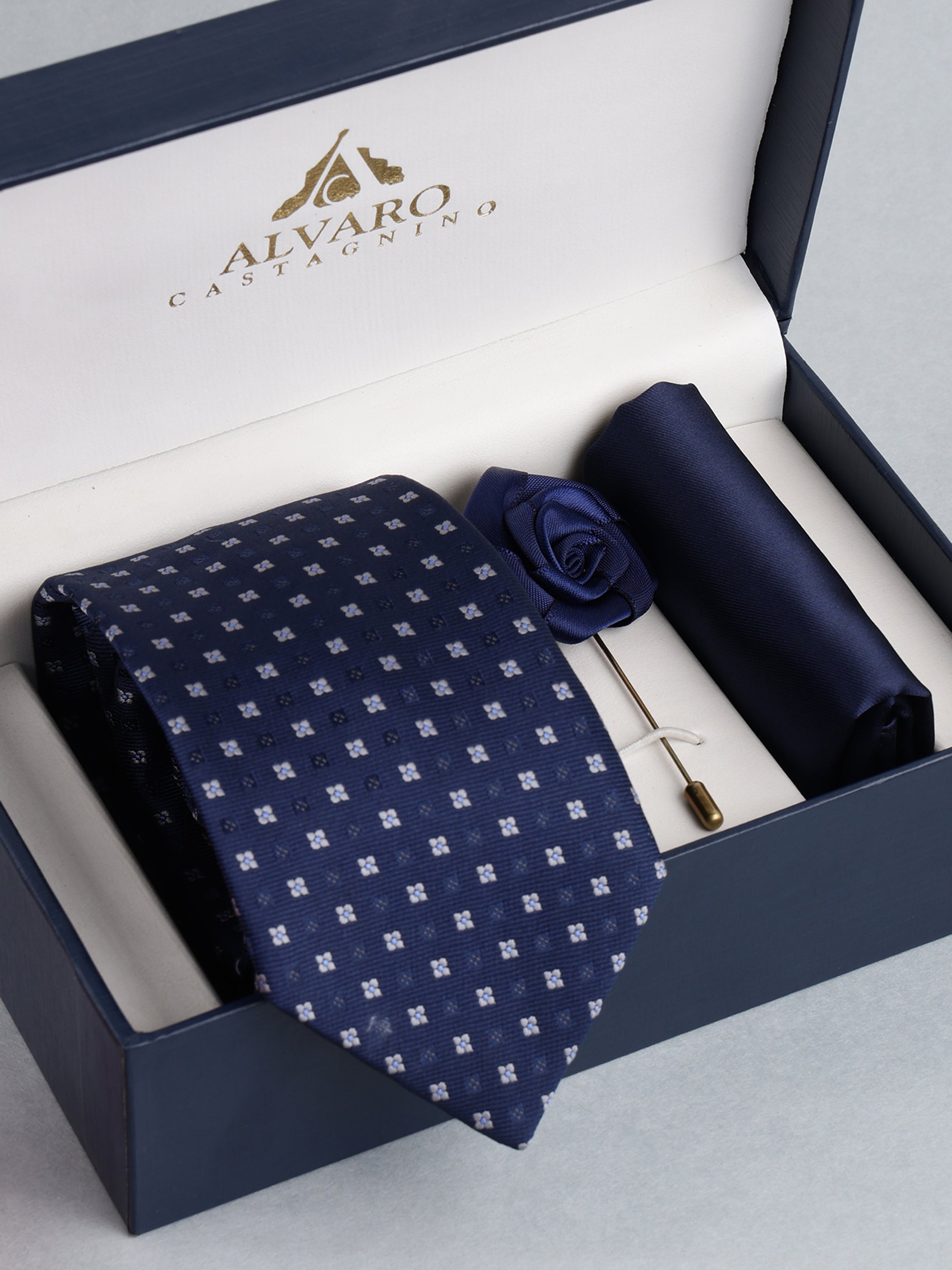 Navy Blue Floral Micro-Dot Necktie with Lapel Pin Gift Set