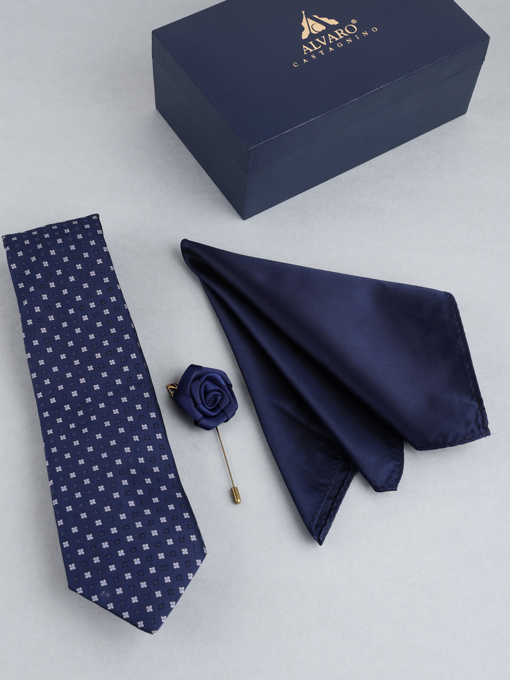Navy Blue Floral Micro-Dot Necktie with Lapel Pin Gift Set