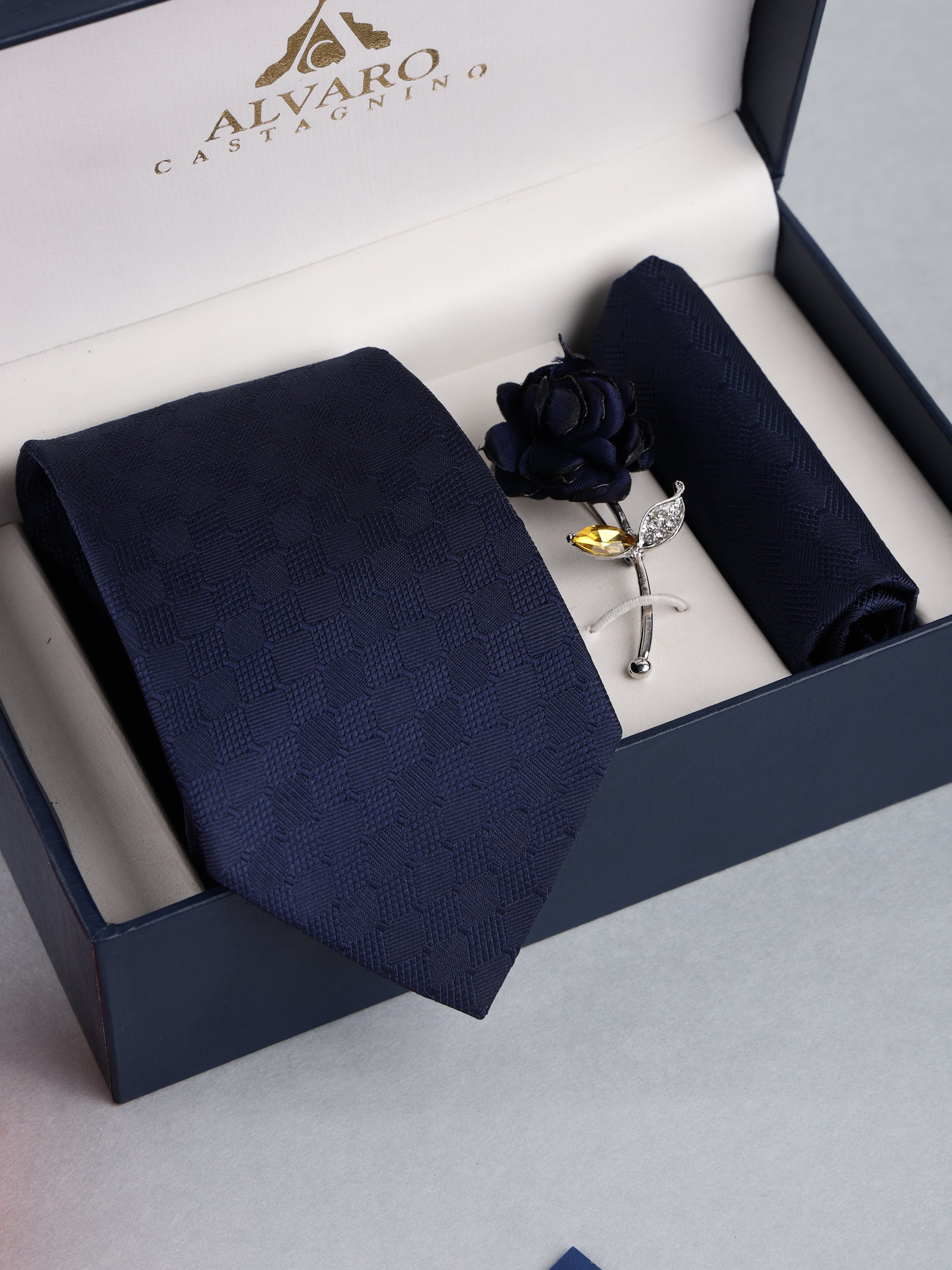 Navy Blue Textured Necktie with Lapel Pin Gift Set