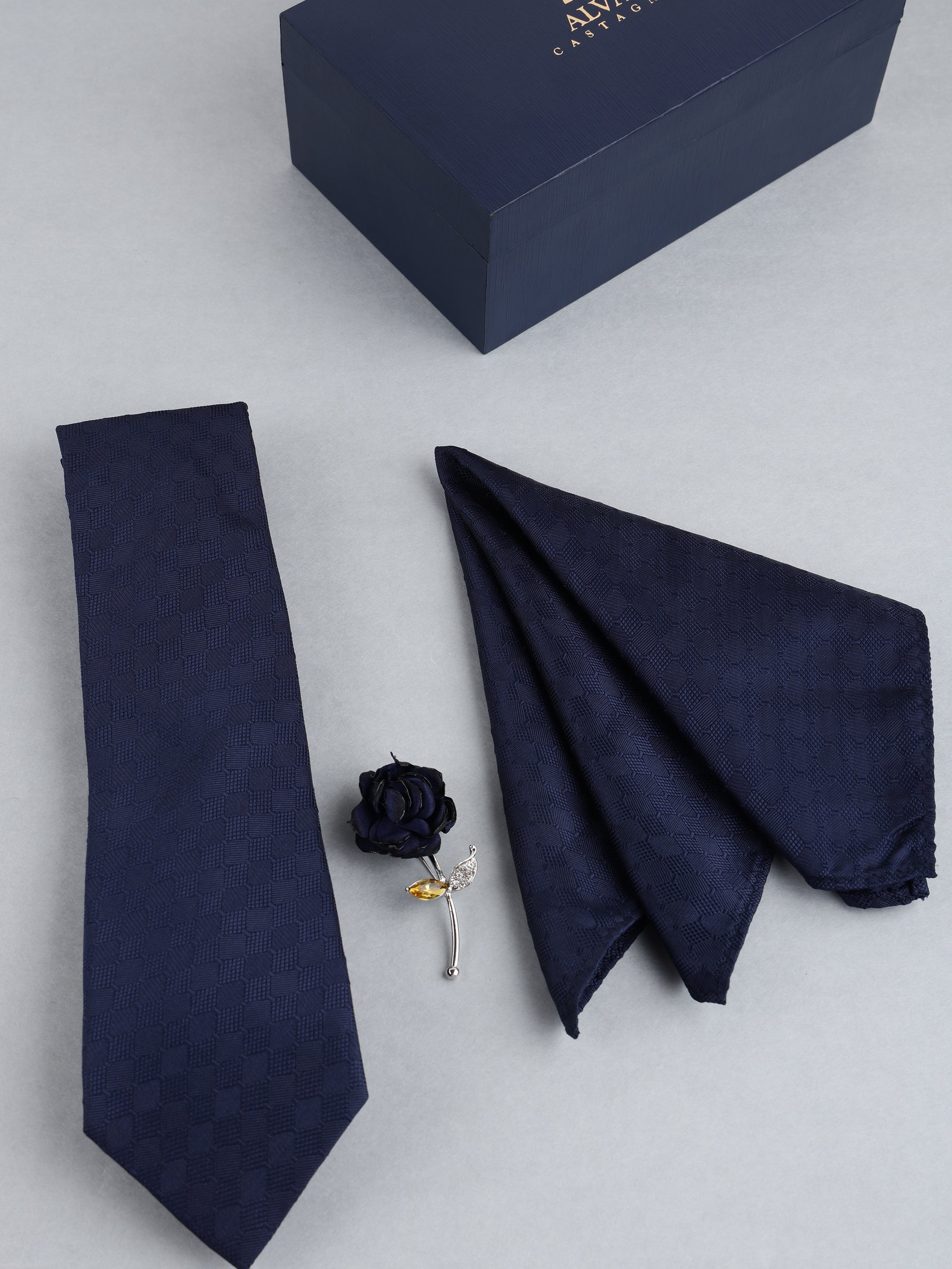 Navy Blue Textured Necktie with Lapel Pin Gift Set