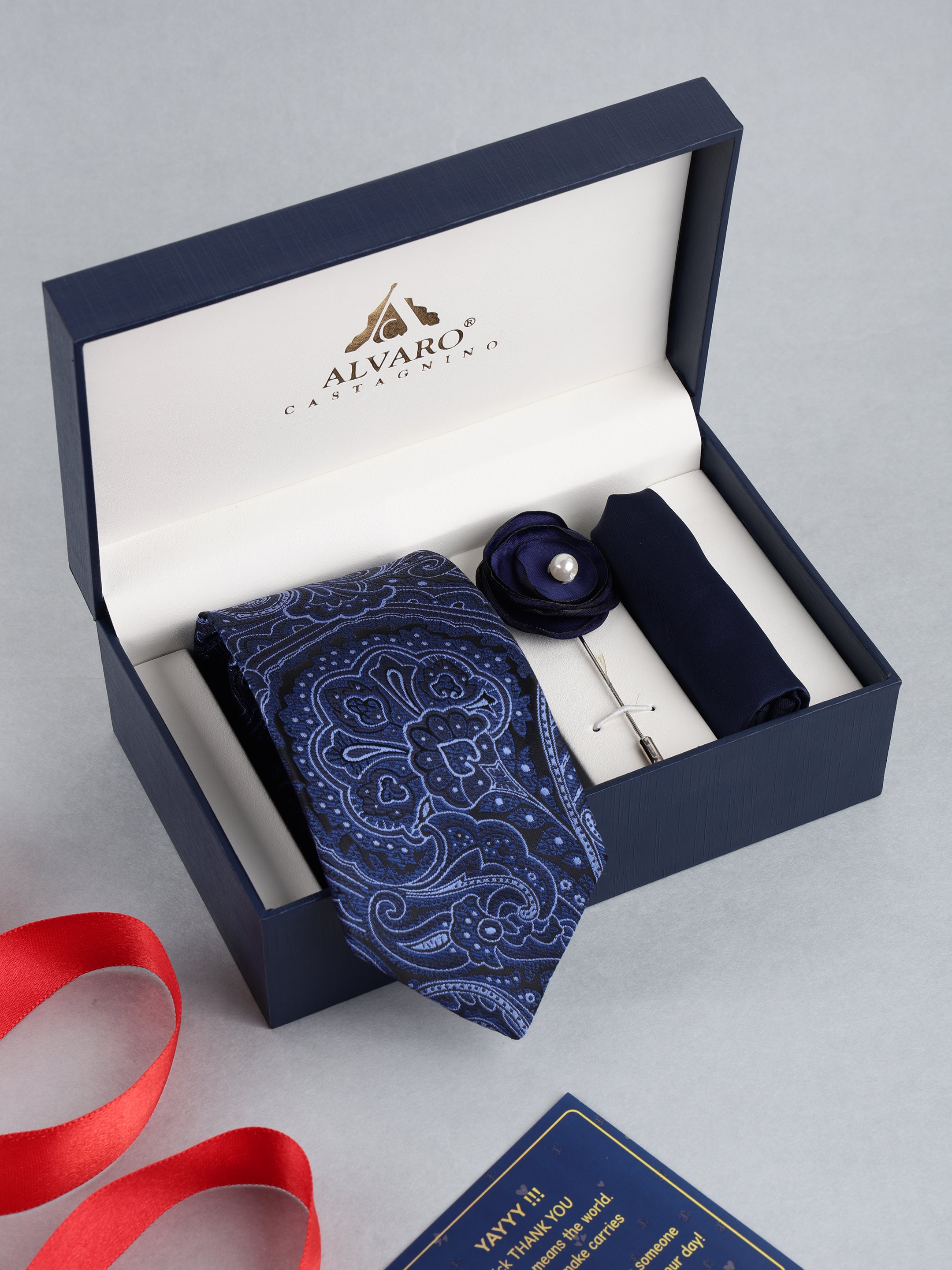 Royal Blue Paisley Necktie with Lapel Pin Gift Set