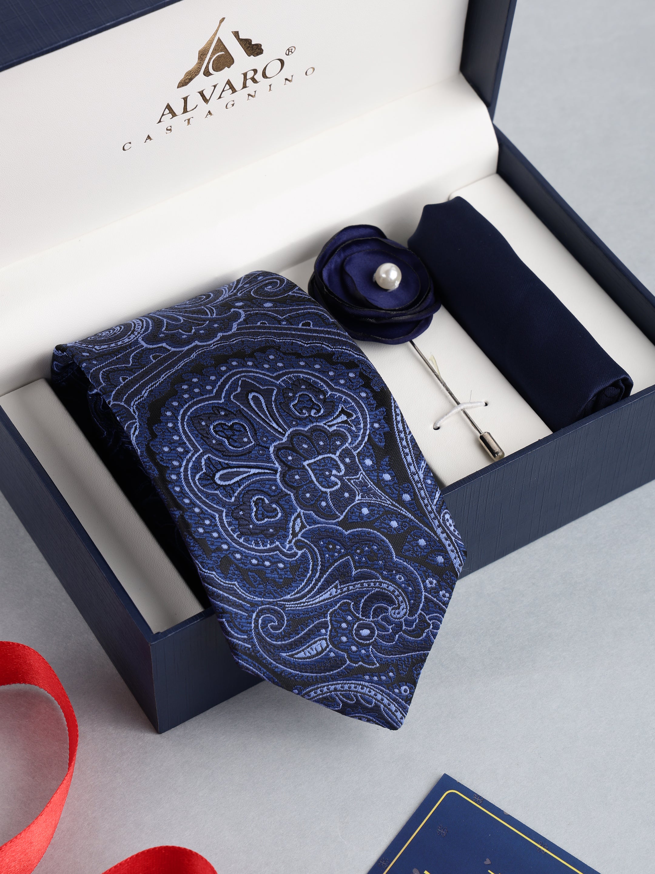 Royal Blue Paisley Necktie with Lapel Pin Gift Set