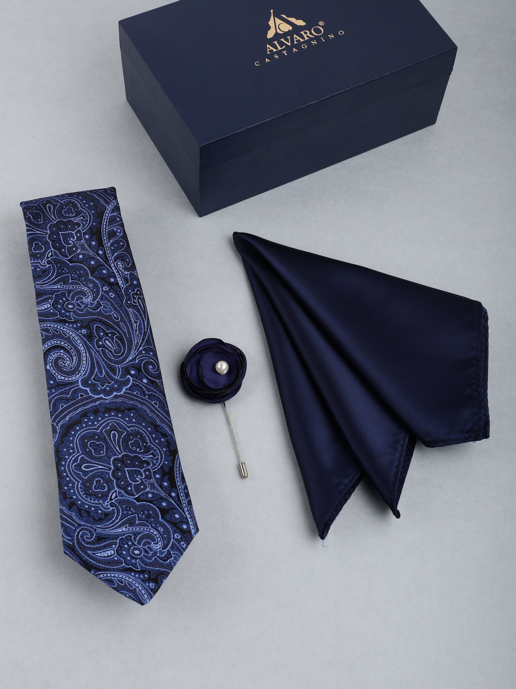 Royal Blue Paisley Necktie with Lapel Pin Gift Set