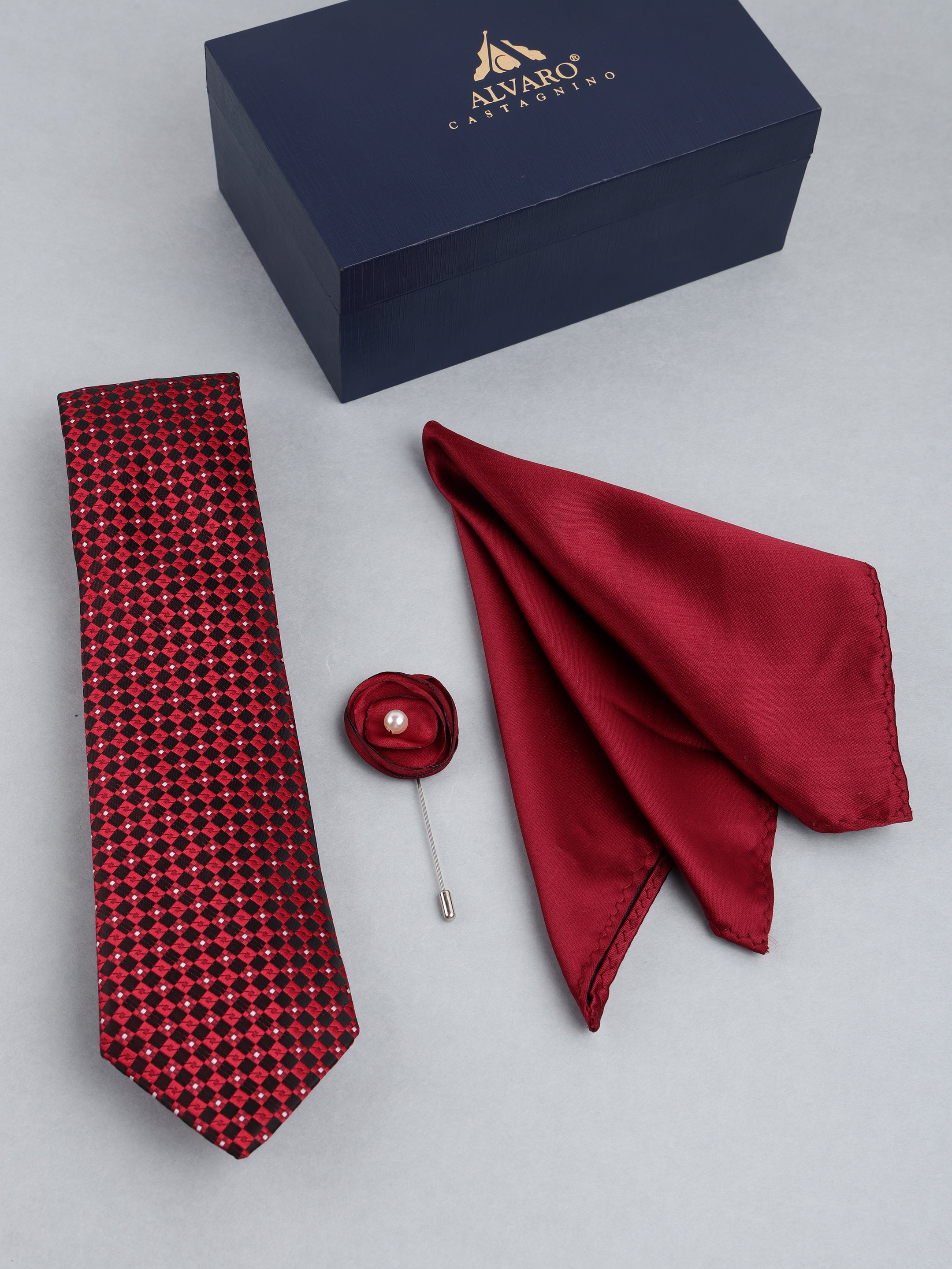 Red Geometric Necktie with Lapel Pin Set