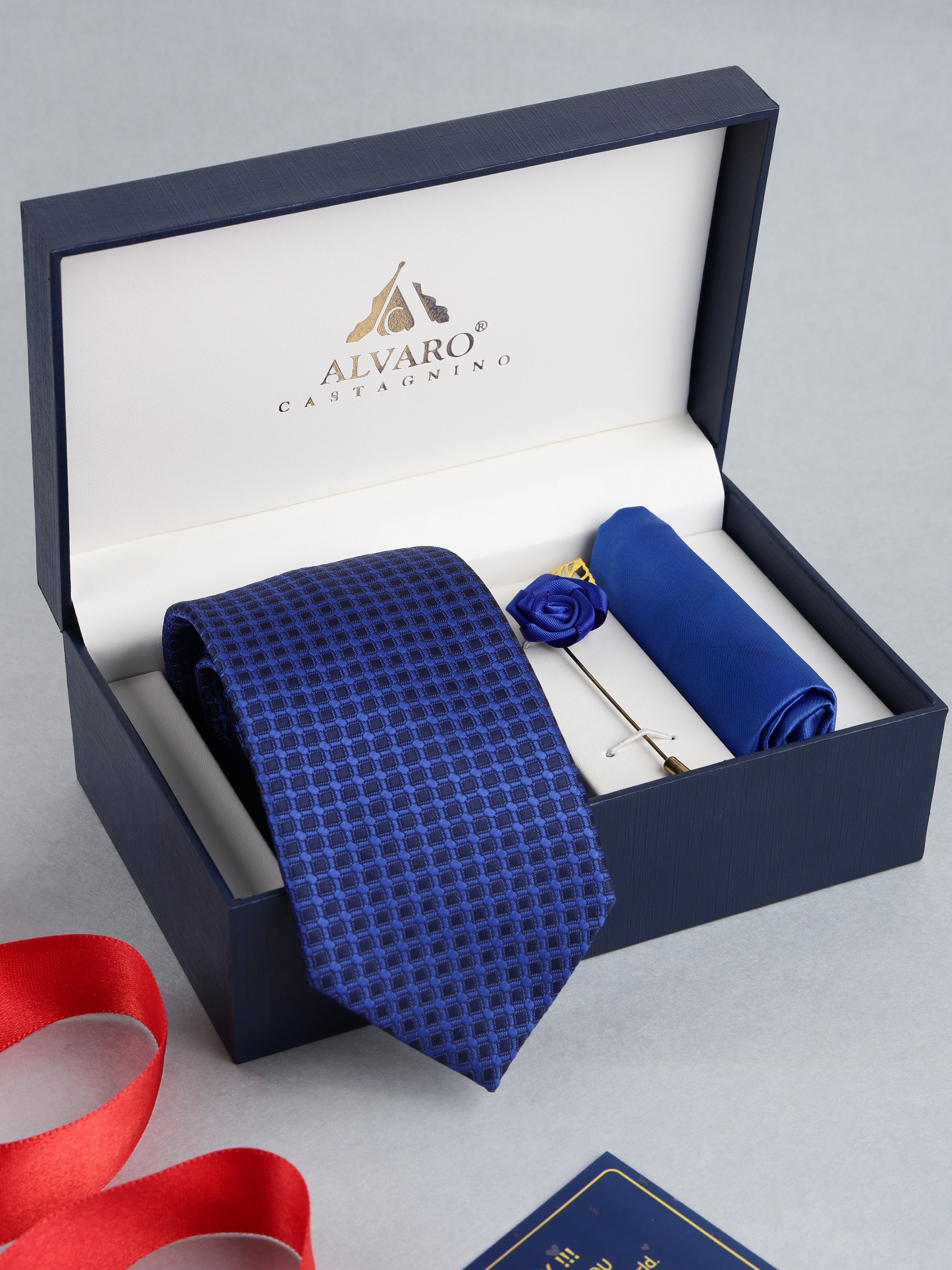 Royal Blue Micro-Check Necktie with Lapel Pin Gift Set