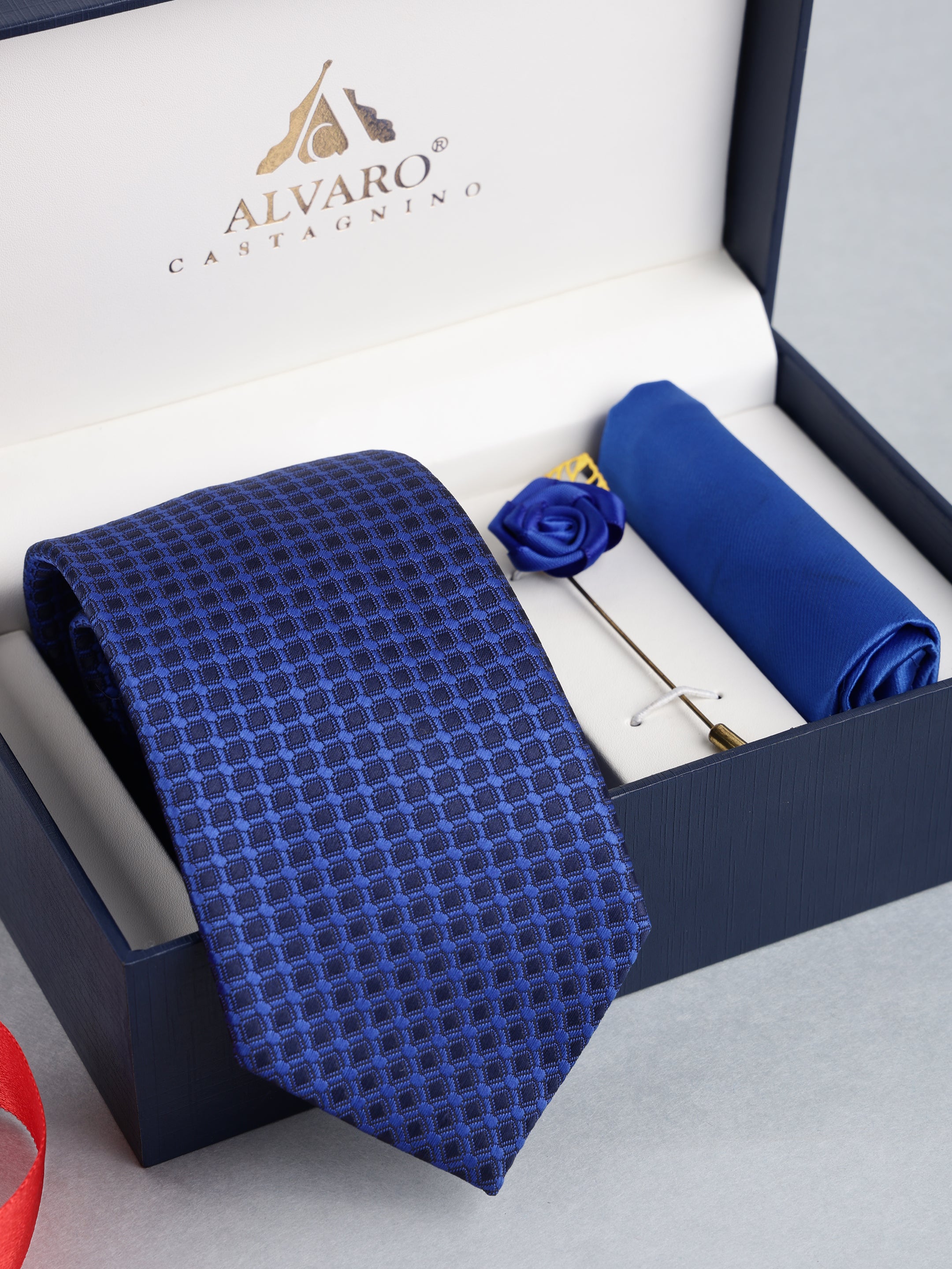 Royal Blue Micro-Check Necktie with Lapel Pin Gift Set