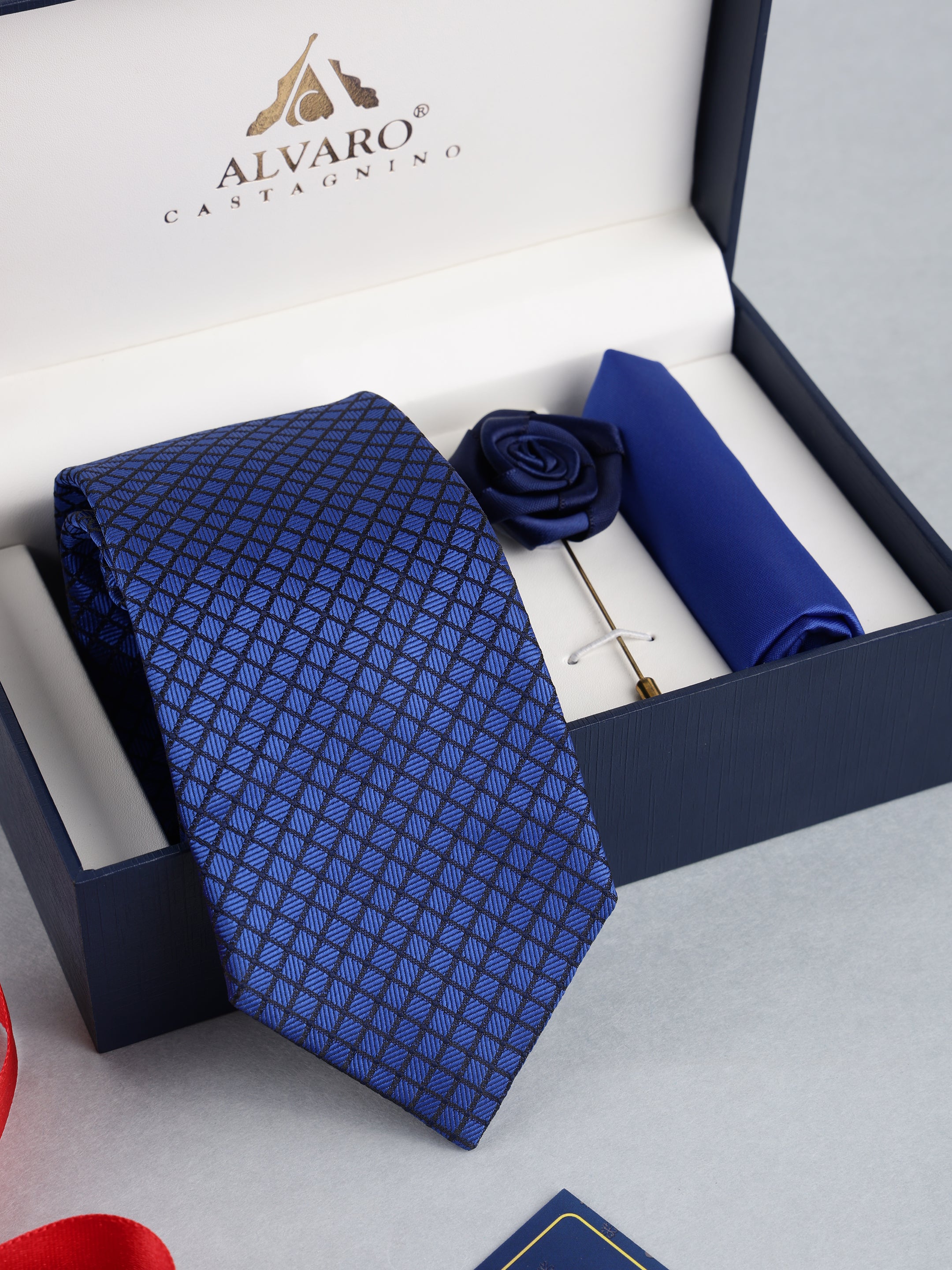 Royal Blue Diamond-Pattern Necktie with Lapel Pin Gift Set