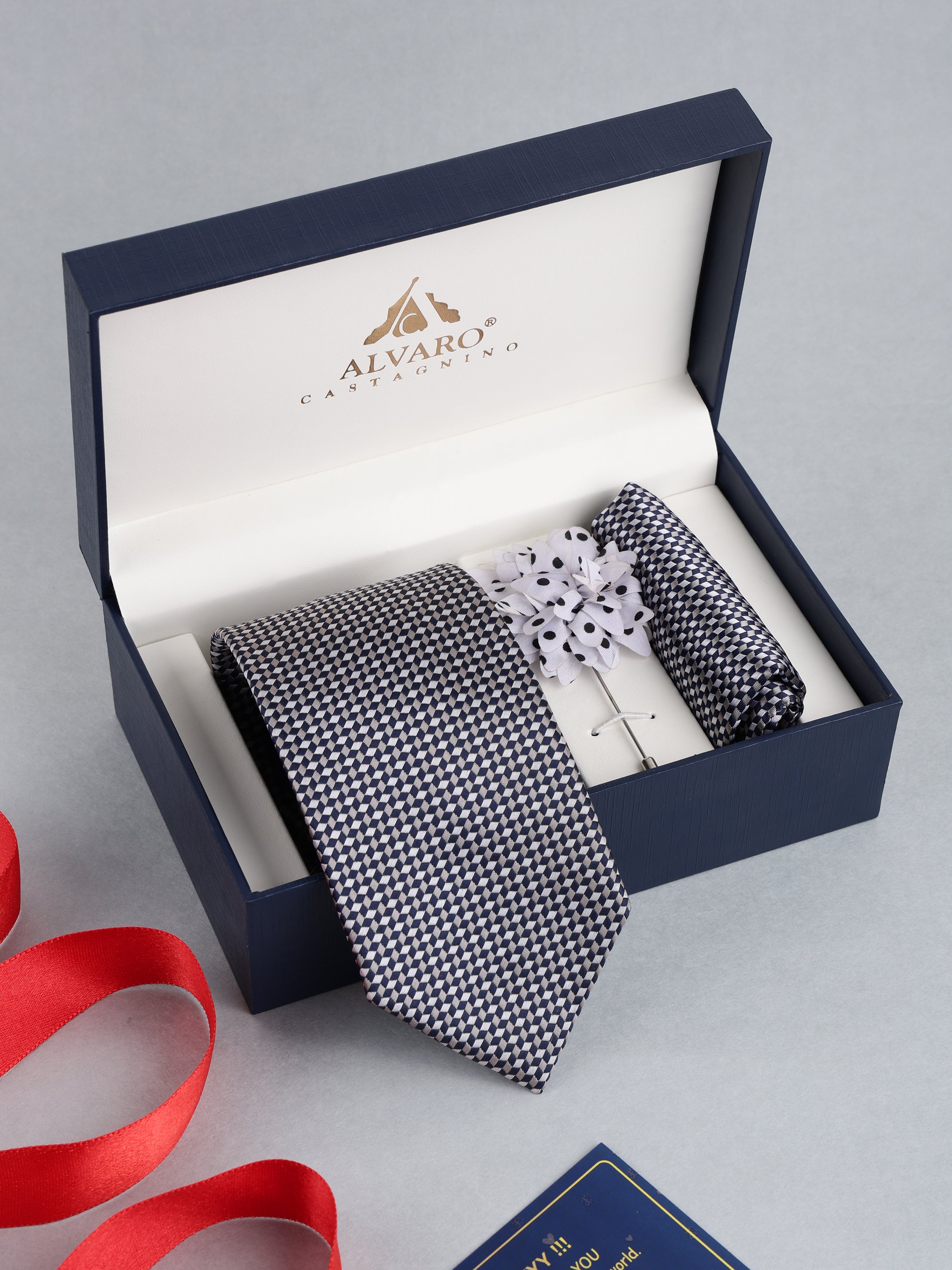 Grey Checkered Necktie with Lapel Pin Gift Set