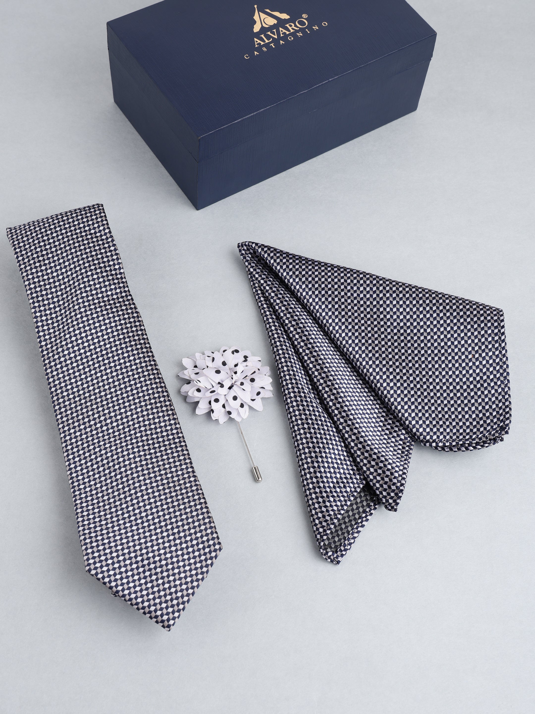 Grey Checkered Necktie with Lapel Pin Gift Set