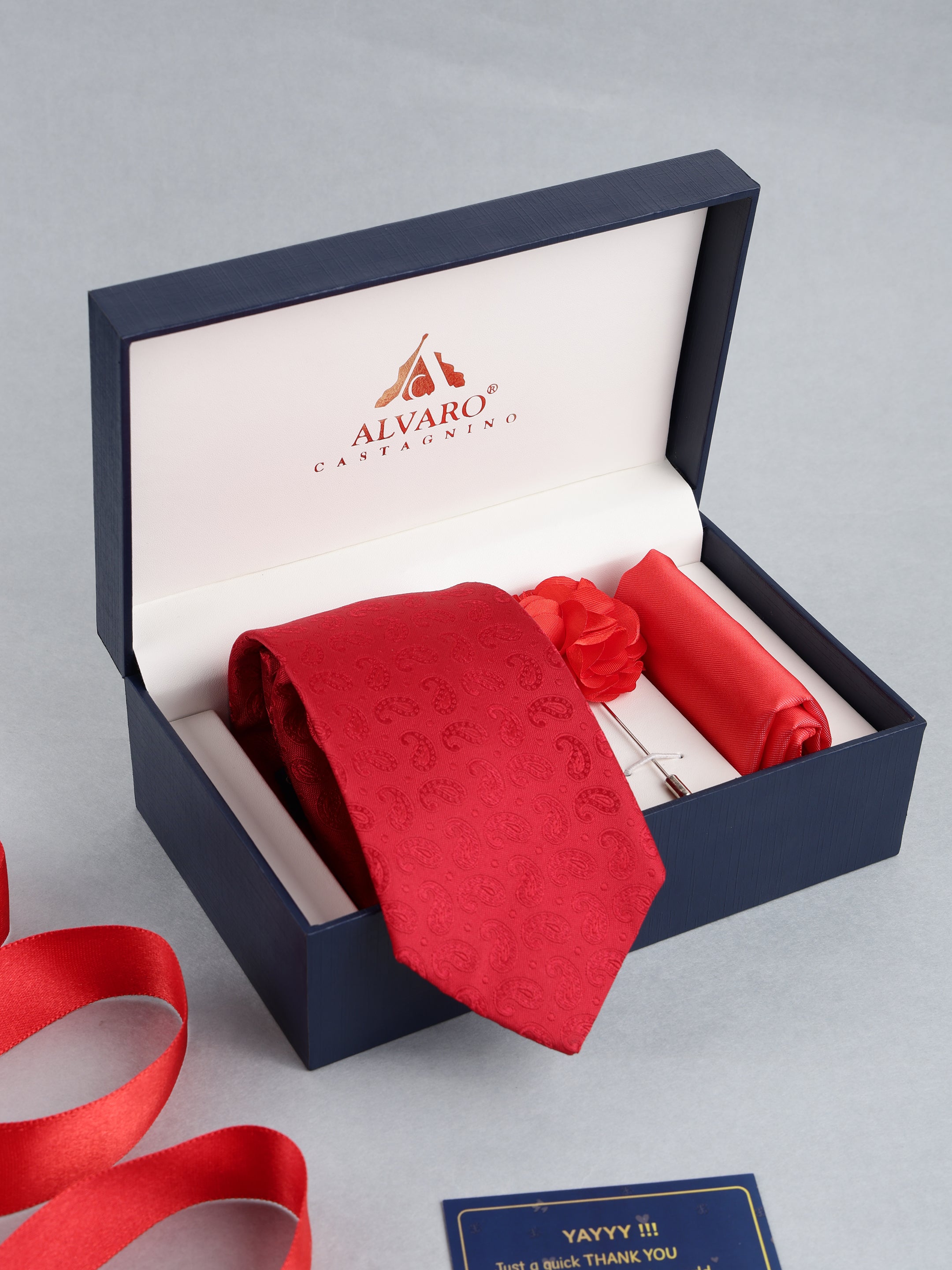 Red Paisley Necktie with Lapel Pin Gift Set