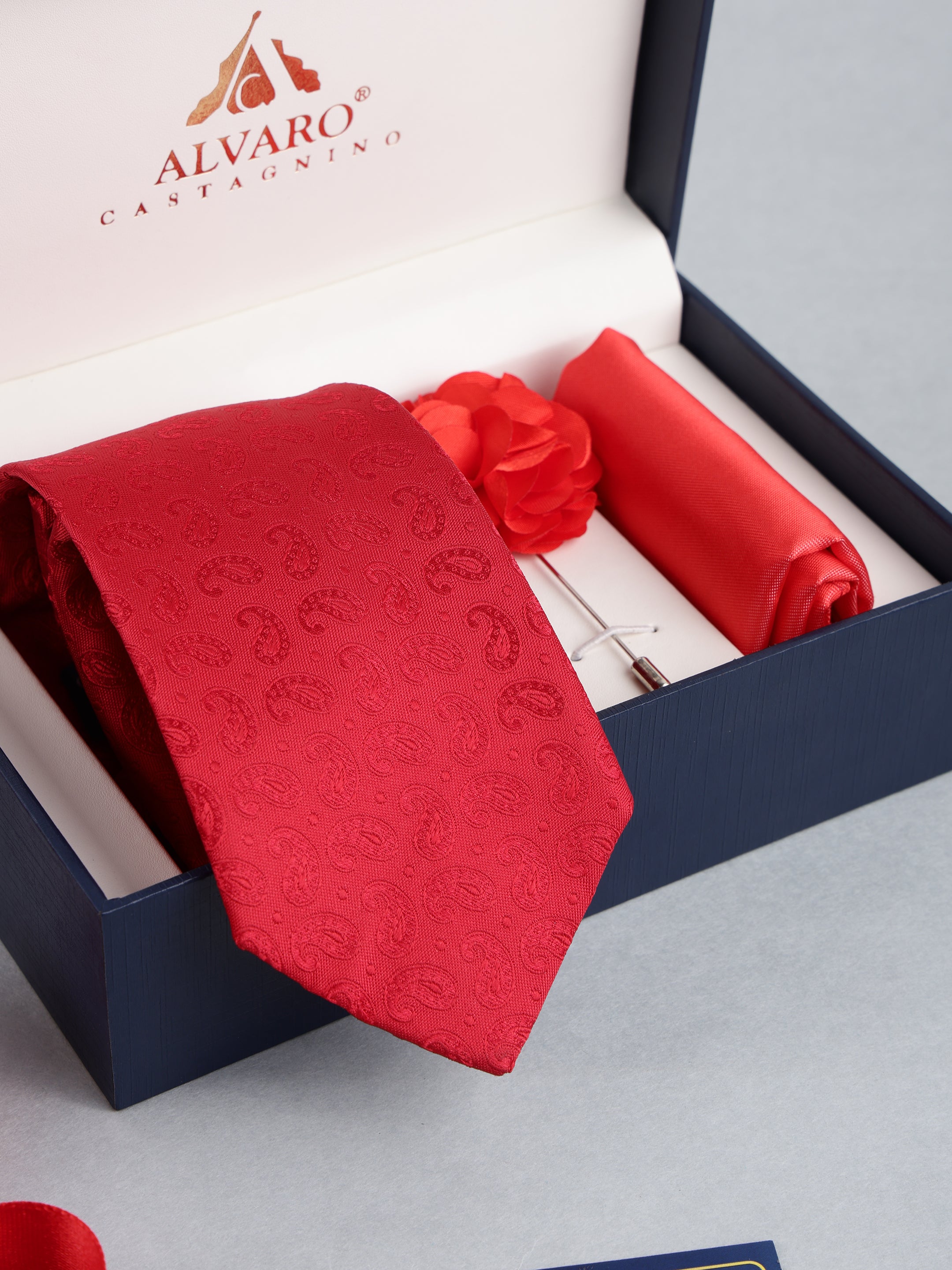 Red Paisley Necktie with Lapel Pin Gift Set