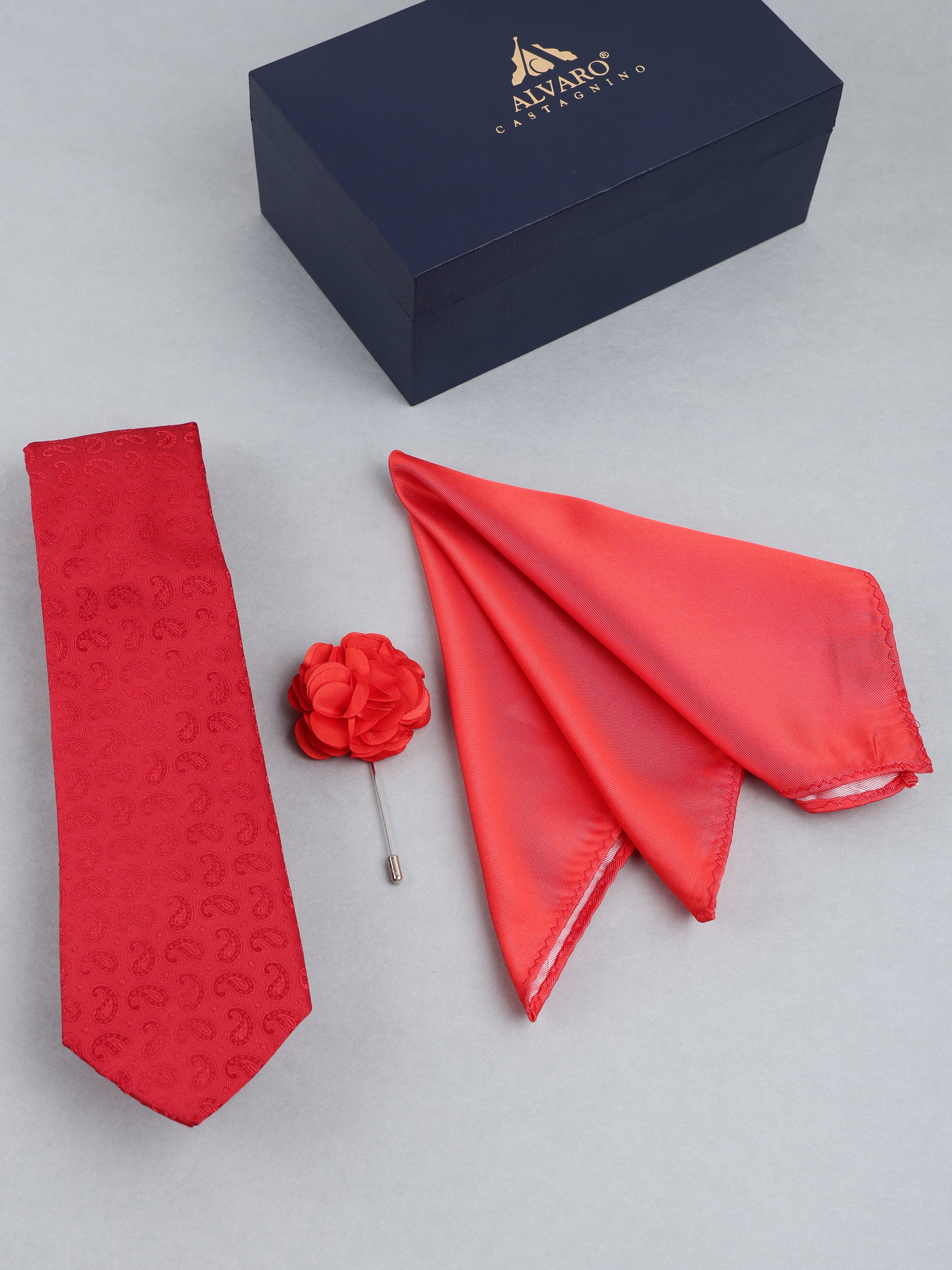 Red Paisley Necktie with Lapel Pin Gift Set