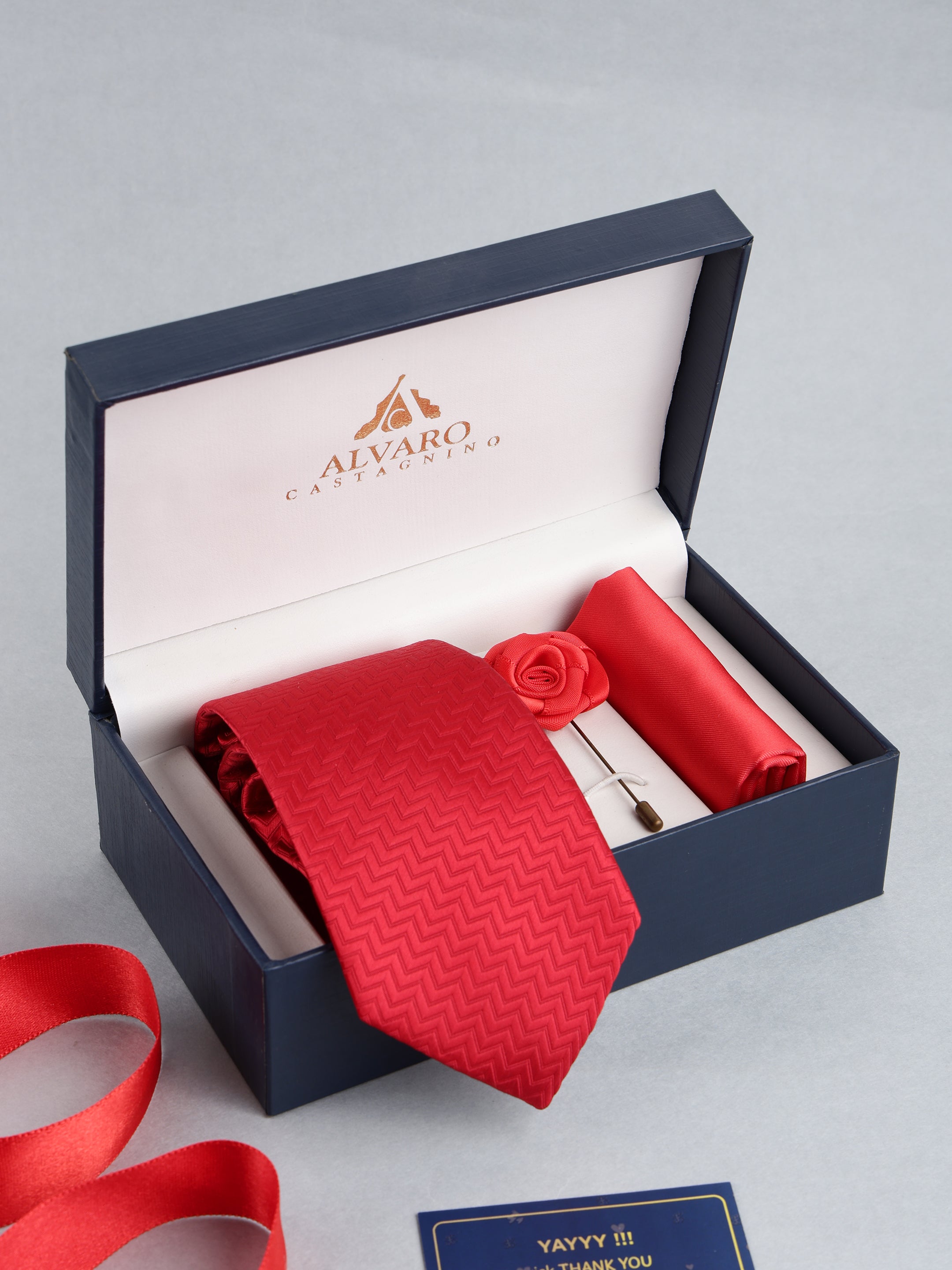 Red Chevron Necktie with Lapel Pin Gift Set