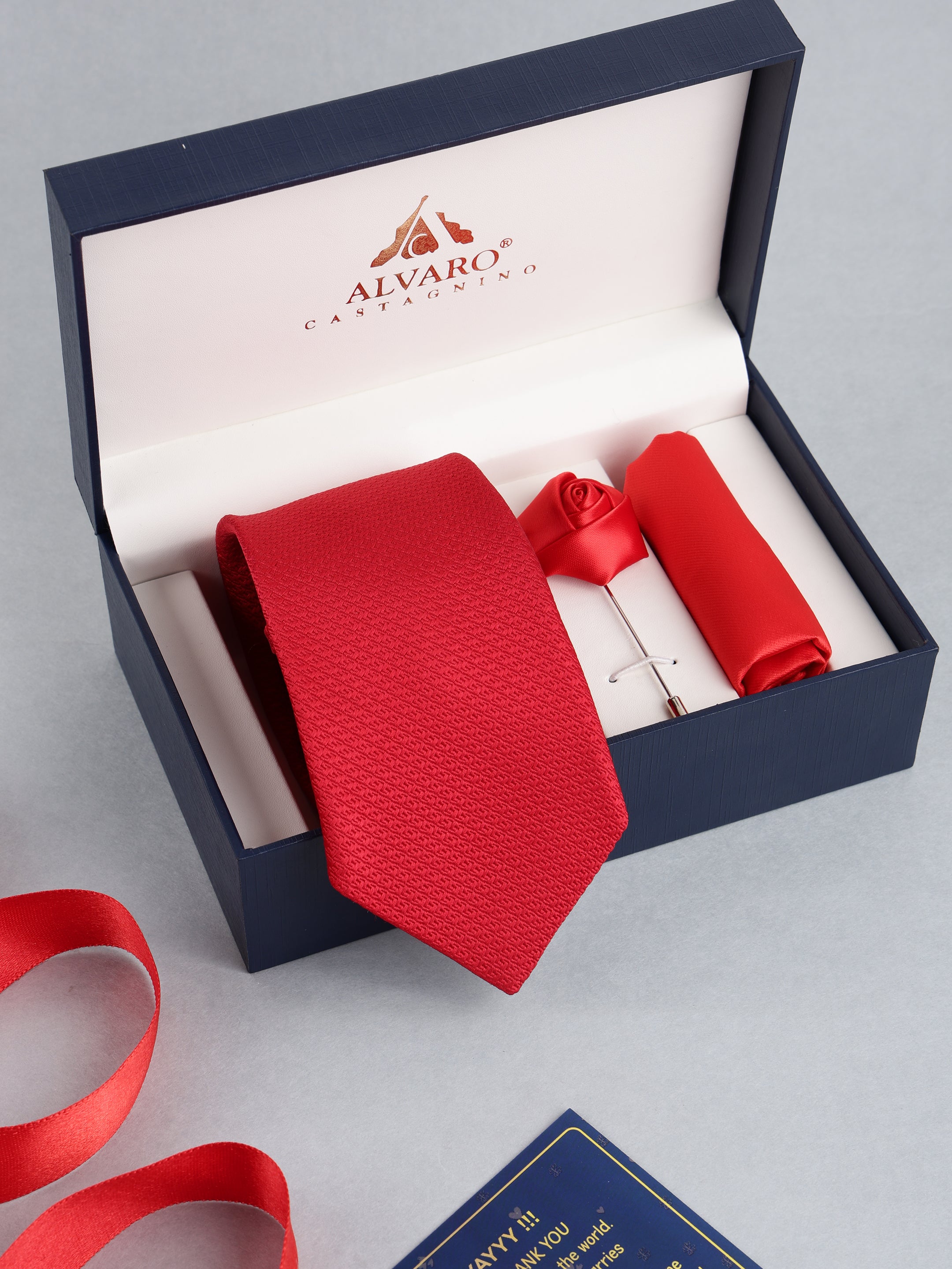 Red Textured Necktie with Lapel Pin Gift Set