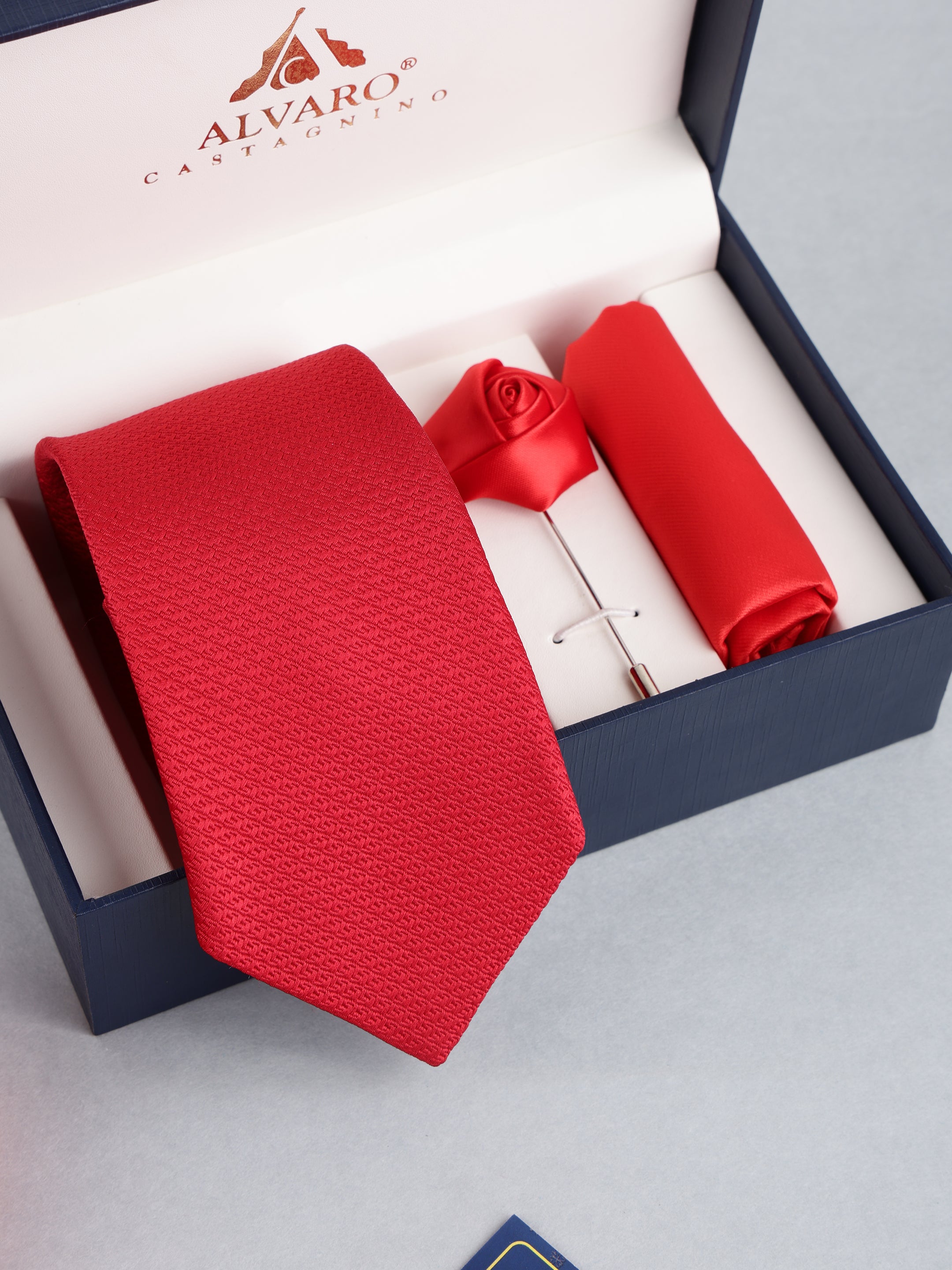 Red Textured Necktie with Lapel Pin Gift Set