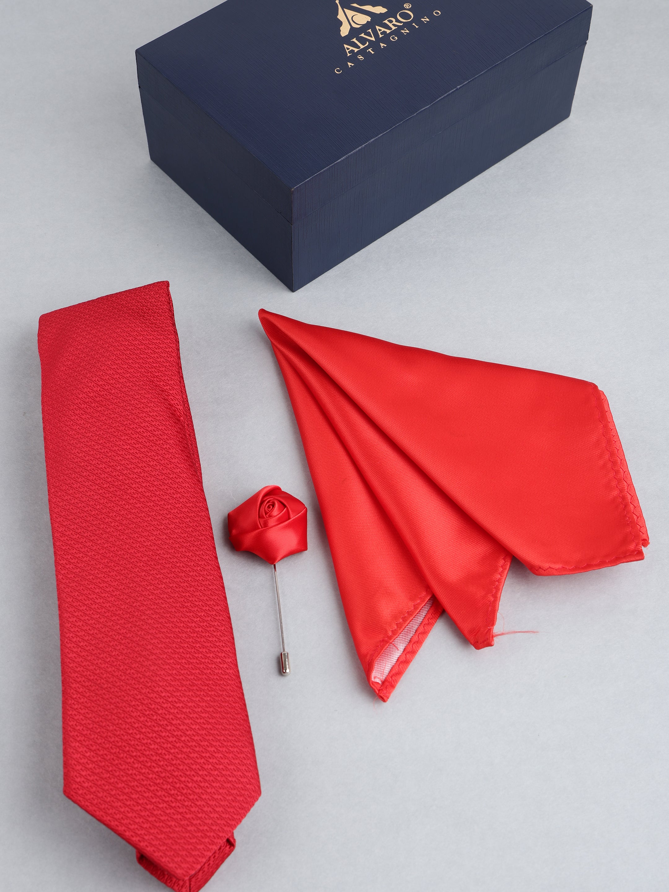 Red Textured Necktie with Lapel Pin Gift Set