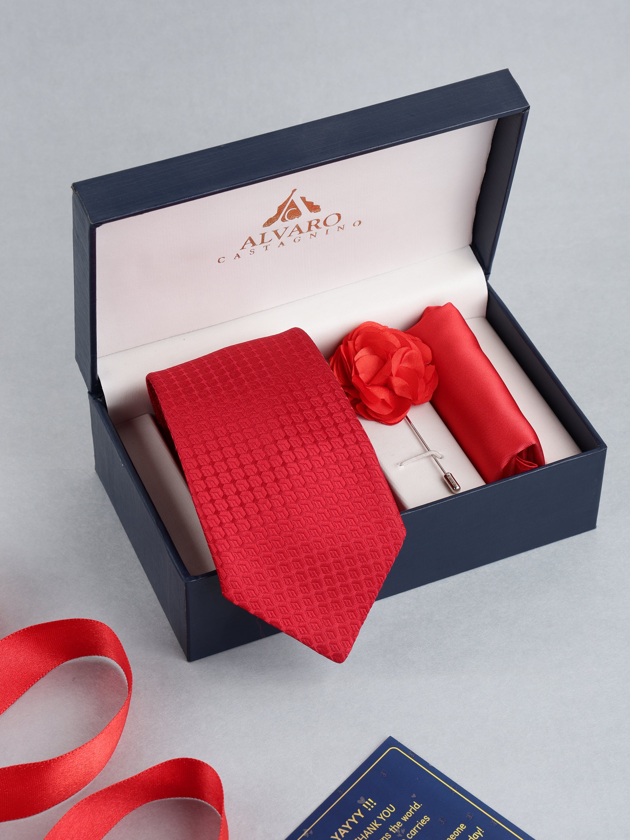 Red Geometric Grid Necktie with Lapel Pin Gift Set
